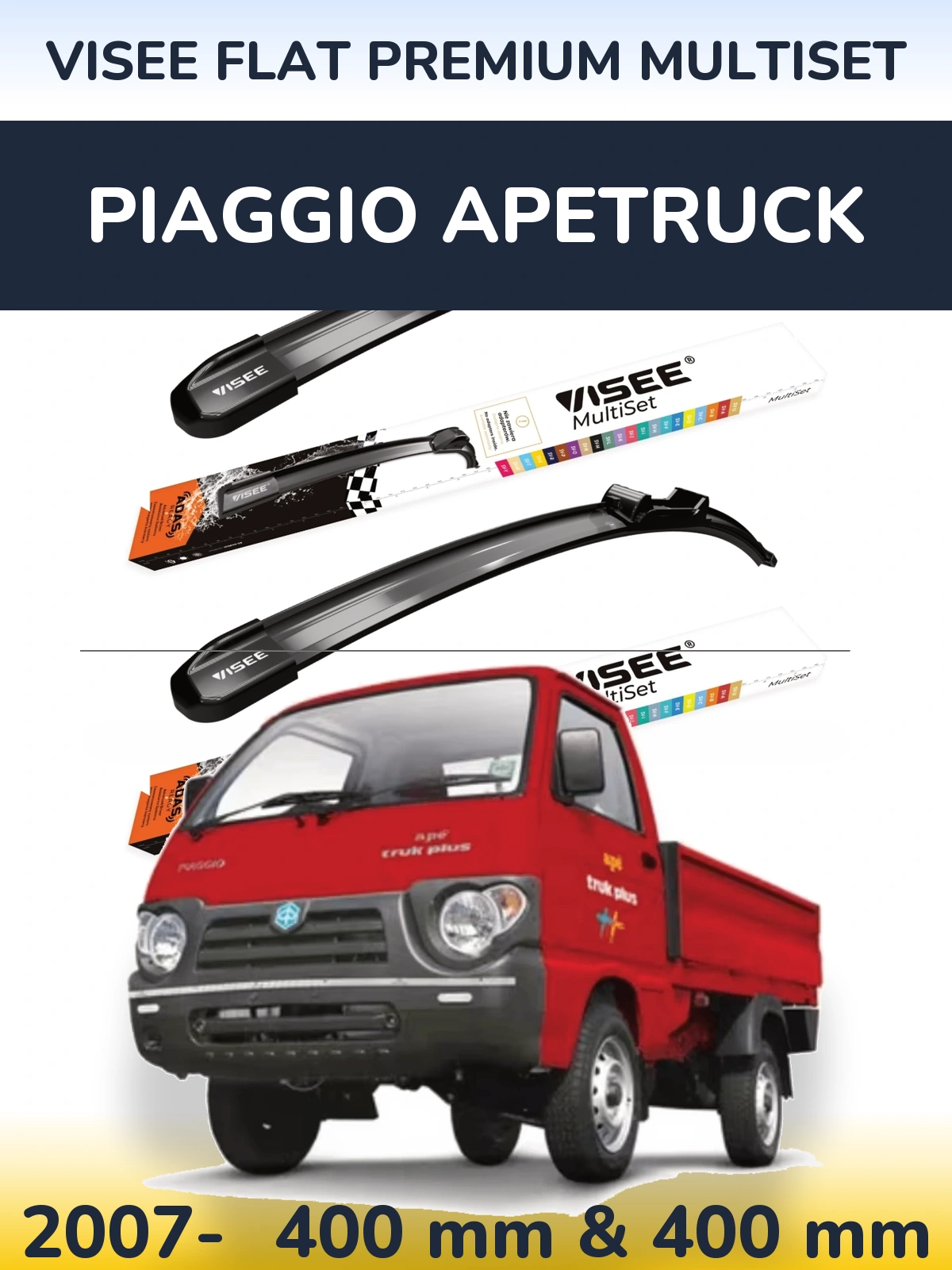 Front wiper blade set VISEE FLAT PREMIUM MultiSet 400 & 400 mm for Piaggio Apetruck 2007-2026