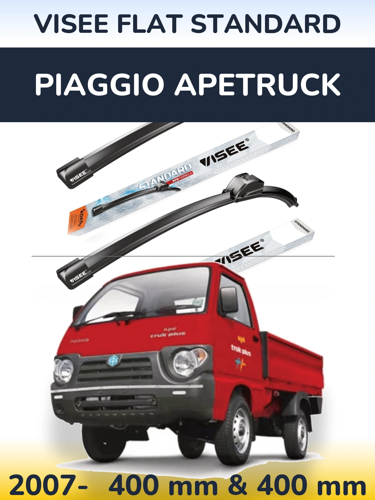 Front wiper blade set VISEE FLAT STANDARD 400 & 400 mm for Piaggio Apetruck 2007-2026
