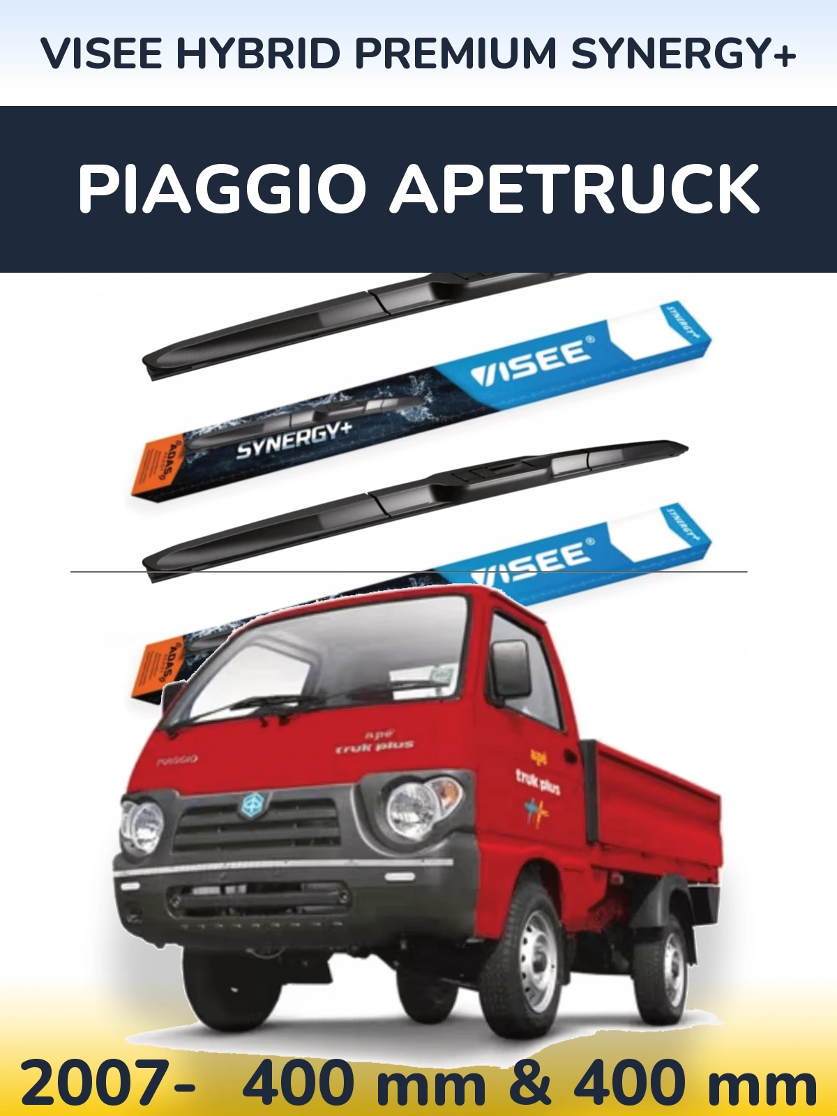 Front wiper blade set VISEE HYBRID PREMIUM SYNERGY+ 400 & 400 mm for Piaggio Apetruck 2007-2026