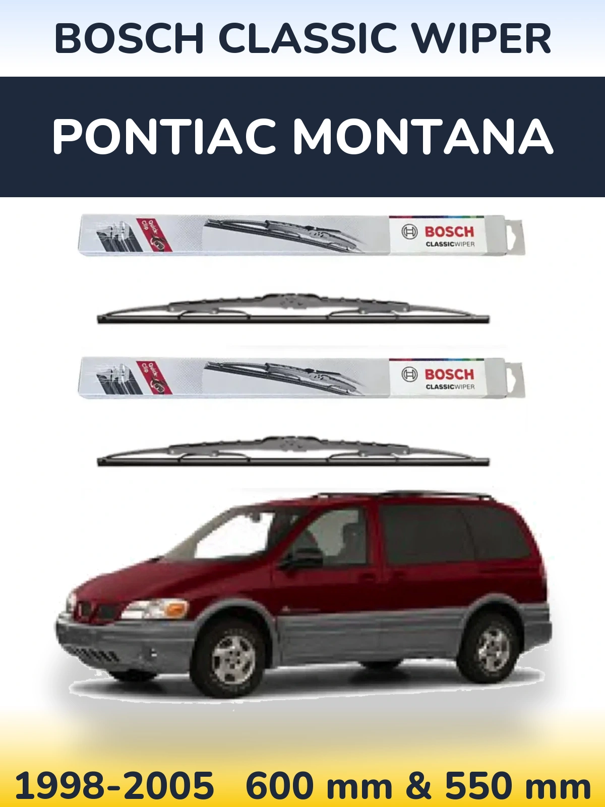 Front wiper blade set BOSCH Classic Wiper 600 & 550 mm for Pontiac Montana 1998-2005