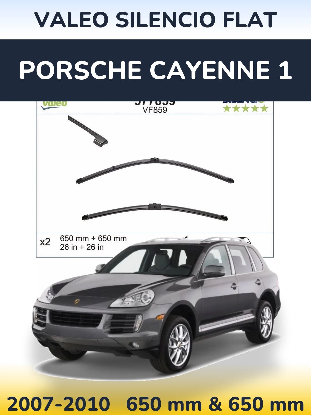 Front wiper blade set Valeo Silencio Flat 650 & 650 mm for Porsche Cayenne 1 2007-2010