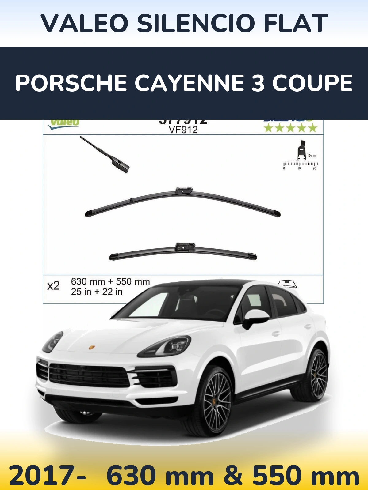 Комплект передніх щіток Valeo Silencio Flat 630 & 550 мм для Porsche Cayenne 3 Coupe 2017-2026