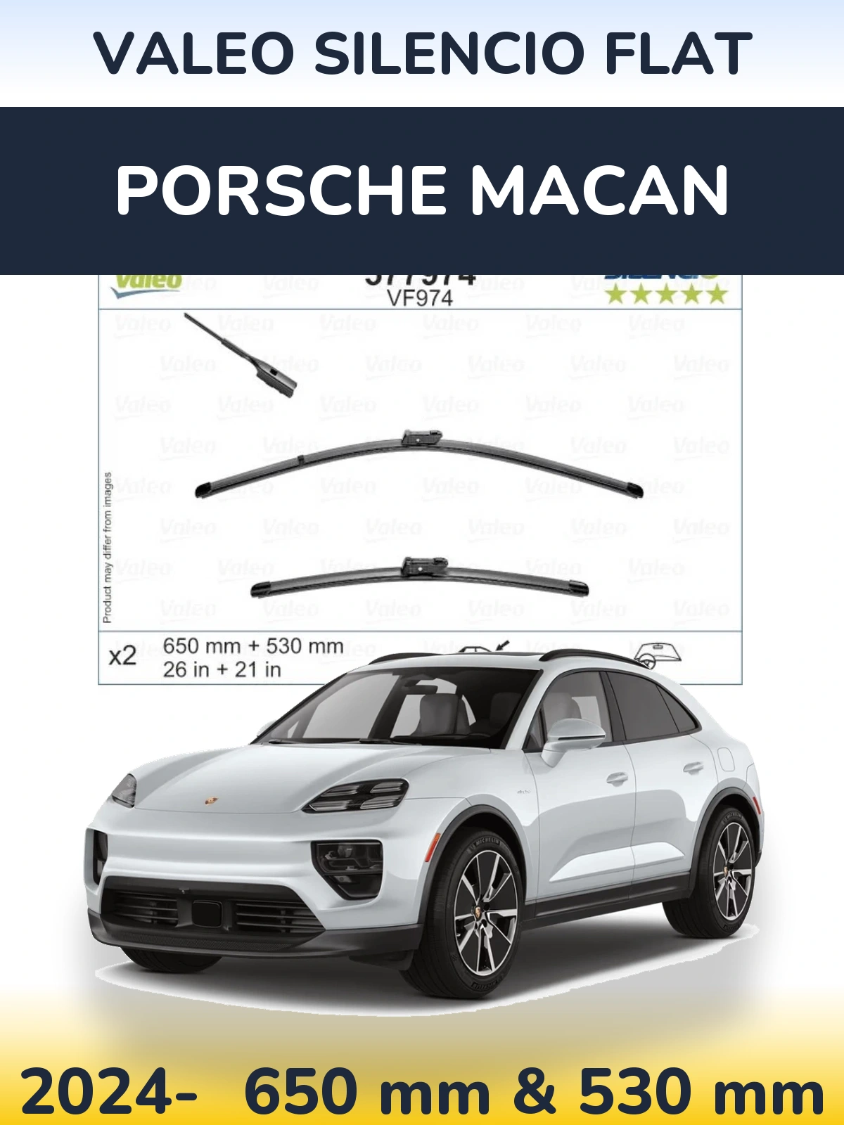 Front wiper blade set Valeo Silencio Flat 650 & 530 мм for Porsche Macan 2024-2026