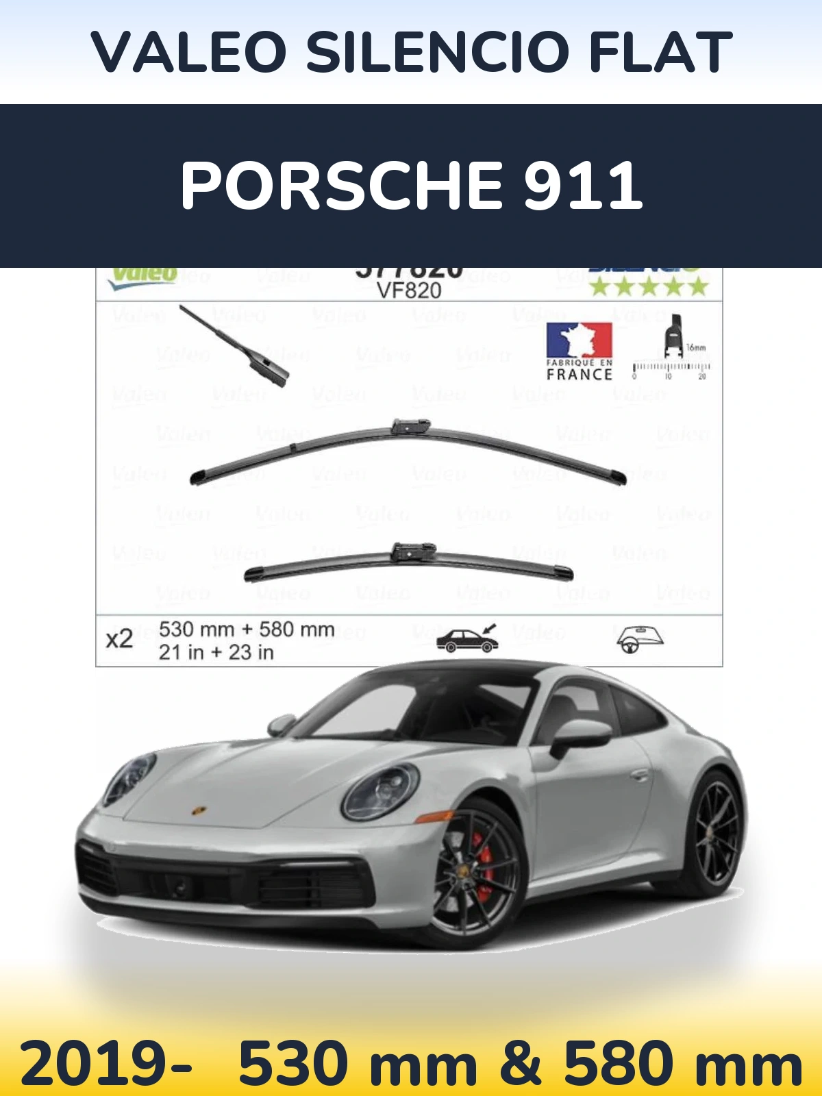 Комплект передних дворников Valeo Silencio Flat 530 & 580 мм для Porsche 911 2019-2026