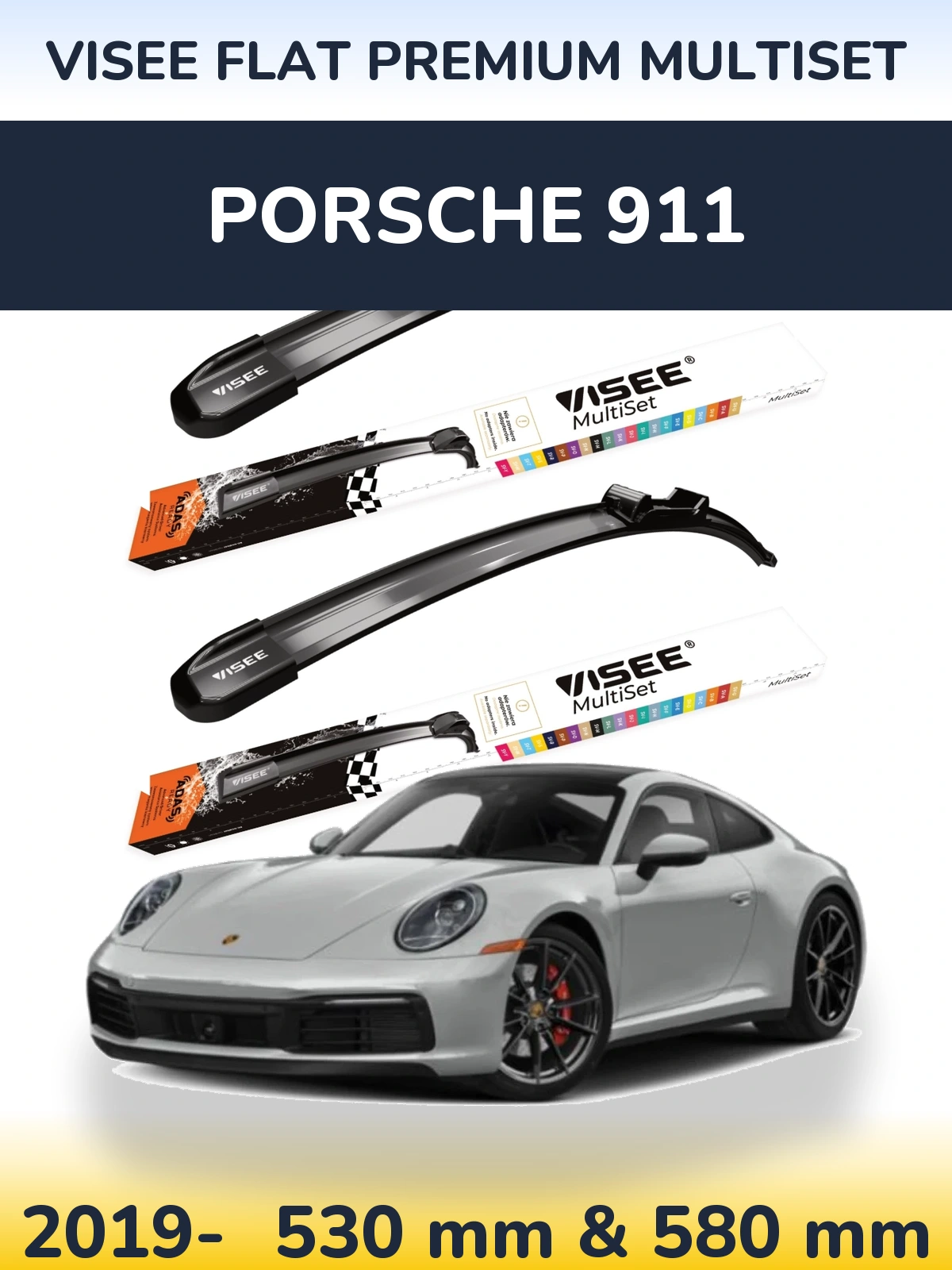 Komplet przednich wycieraczek VISEE FLAT PREMIUM MultiSet 530 & 580 mm do Porsche 911 2019-2026