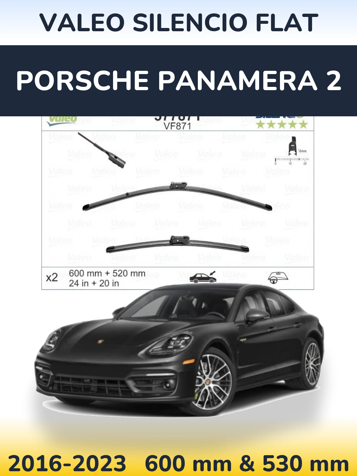 Front wiper blade set Valeo Silencio Flat 600 & 520 mm for Porsche Panamera 2 2016-2023