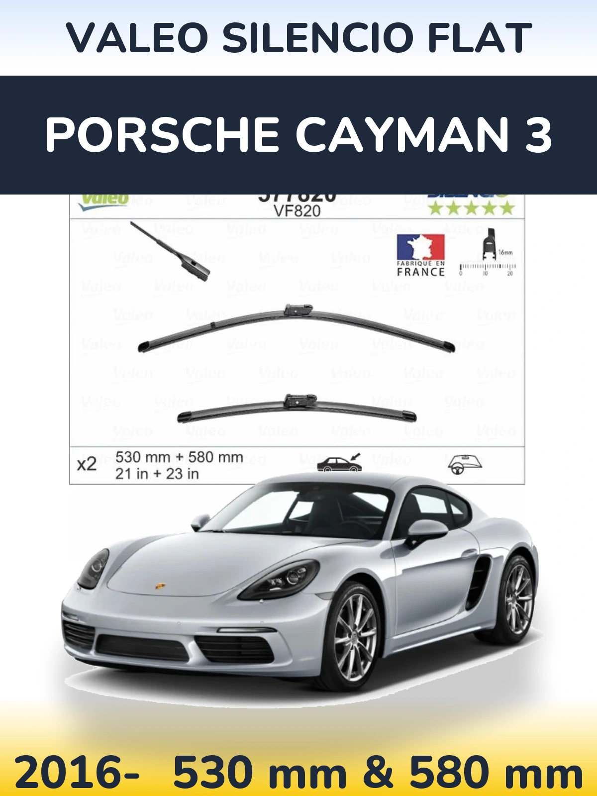 Комплект передніх щіток Valeo Silencio Flat 530 & 580 мм для Porsche Cayman 3 2016-2026