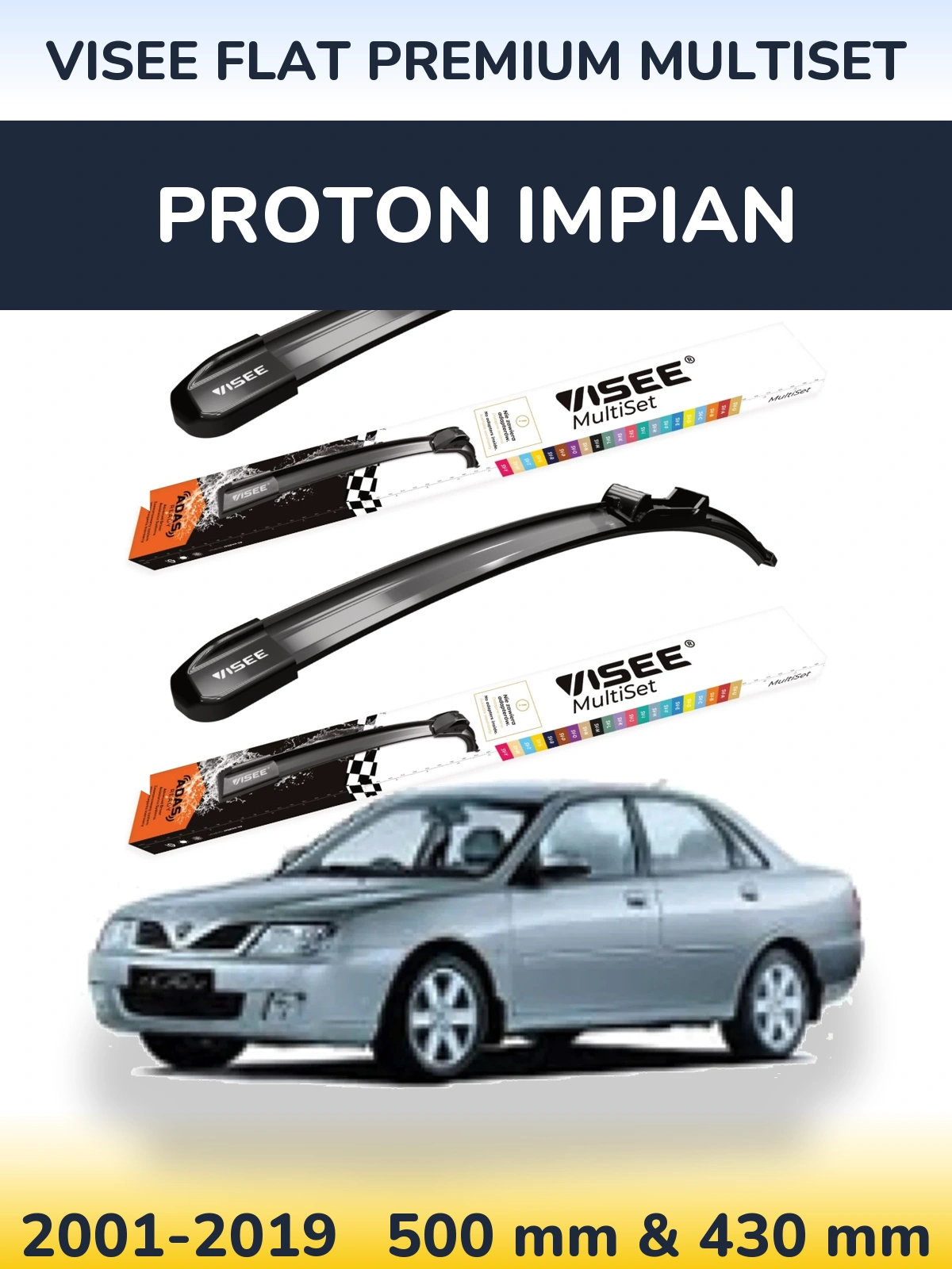 Komplet przednich wycieraczek VISEE FLAT PREMIUM MultiSet 500 & 430 mm do Proton Impian 2001-2019
