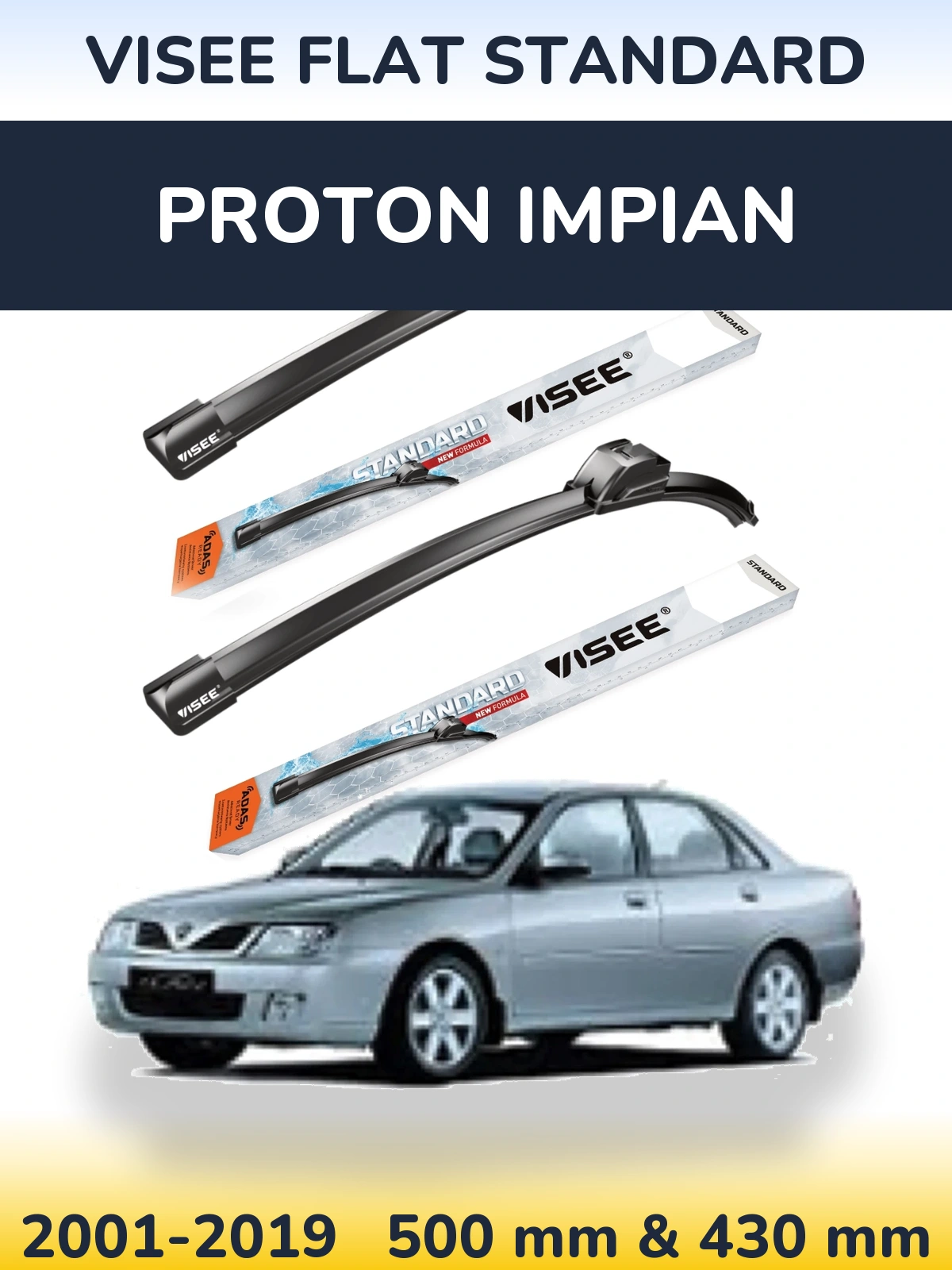 Komplet przednich wycieraczek VISEE FLAT STANDARD 500 & 430 mm do Proton Impian 2001-2019