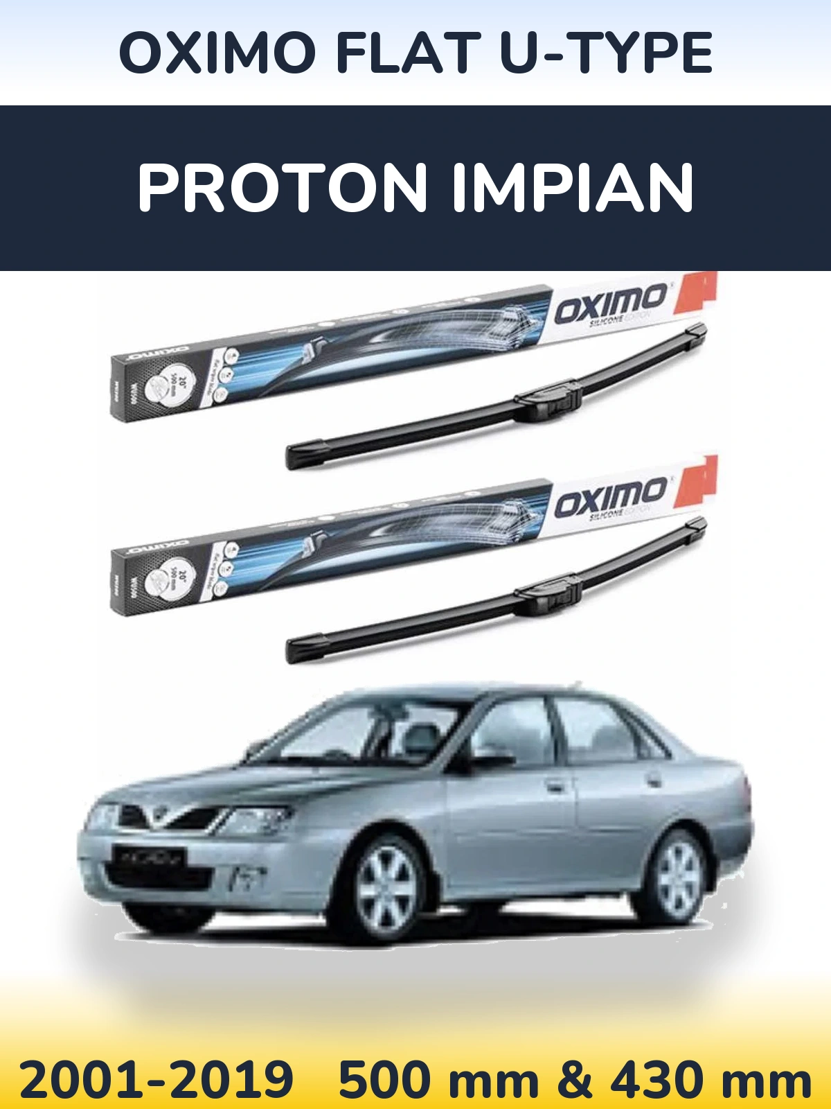 Front wiper blade set Oximo Flat U-type 500 & 430 мм for Proton Impian 2001-2019