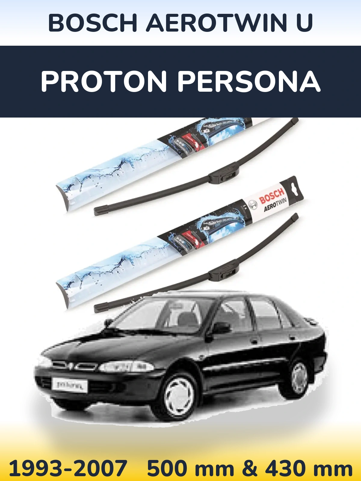 Front wiper blade set BOSCH AeroTwin U 500 & 430 мм for Proton Persona 1993-2007