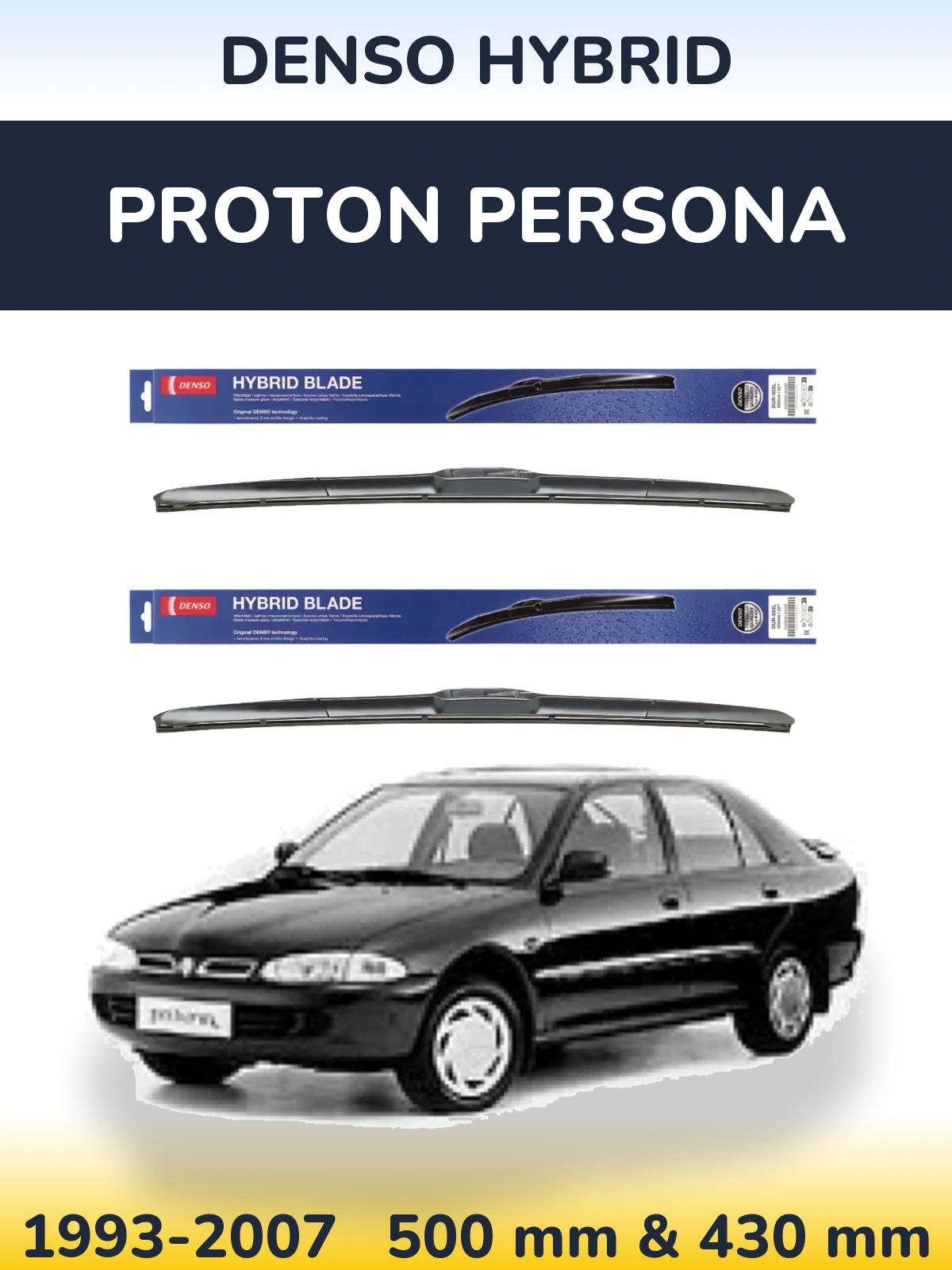 Front wiper blade set Denso Hybrid 500 & 430 мм for Proton Persona 1993-2007