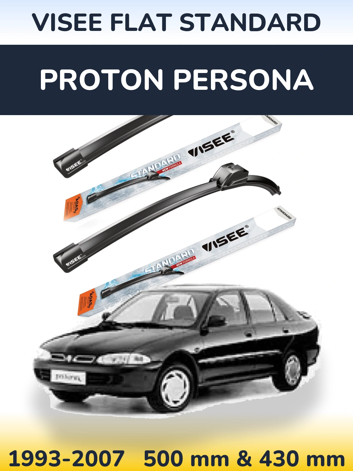 Front wiper blade set VISEE FLAT STANDARD 500 & 430 мм for Proton Persona 1993-2007