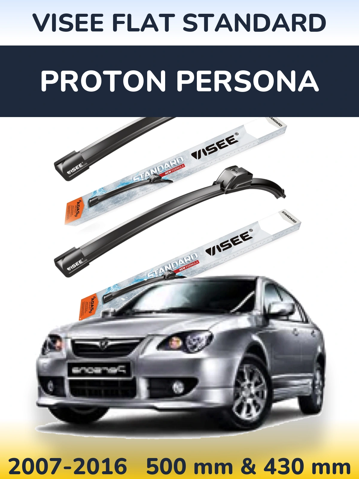 Front wiper blade set VISEE FLAT STANDARD 500 & 430 мм for Proton Persona 2007-2016