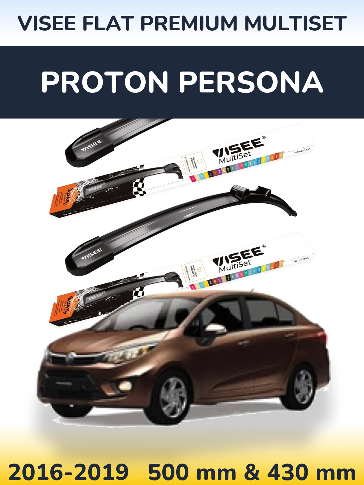 Front wiper blade set VISEE FLAT PREMIUM MultiSet 500 & 430 мм for Proton Persona 2016-2019