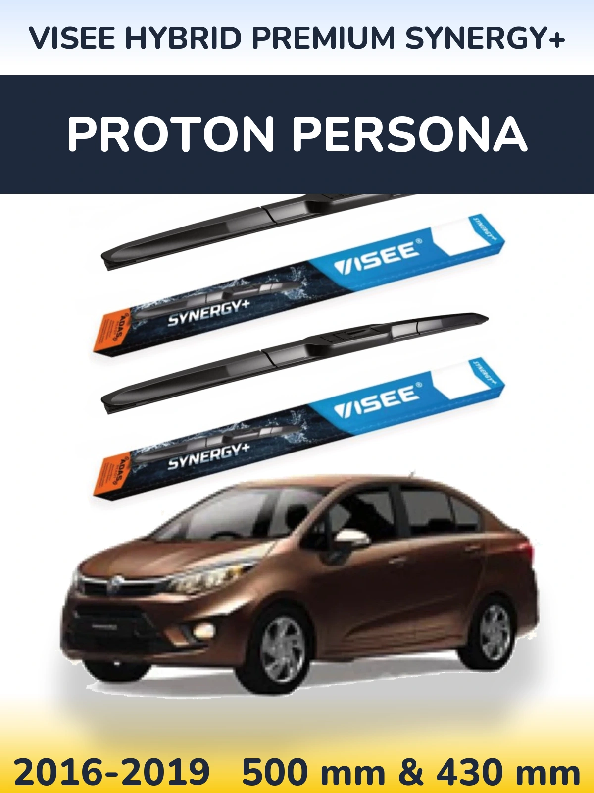 Front wiper blade set VISEE HYBRID PREMIUM SYNERGY+ 500 & 430 мм for Proton Persona 2016-2019