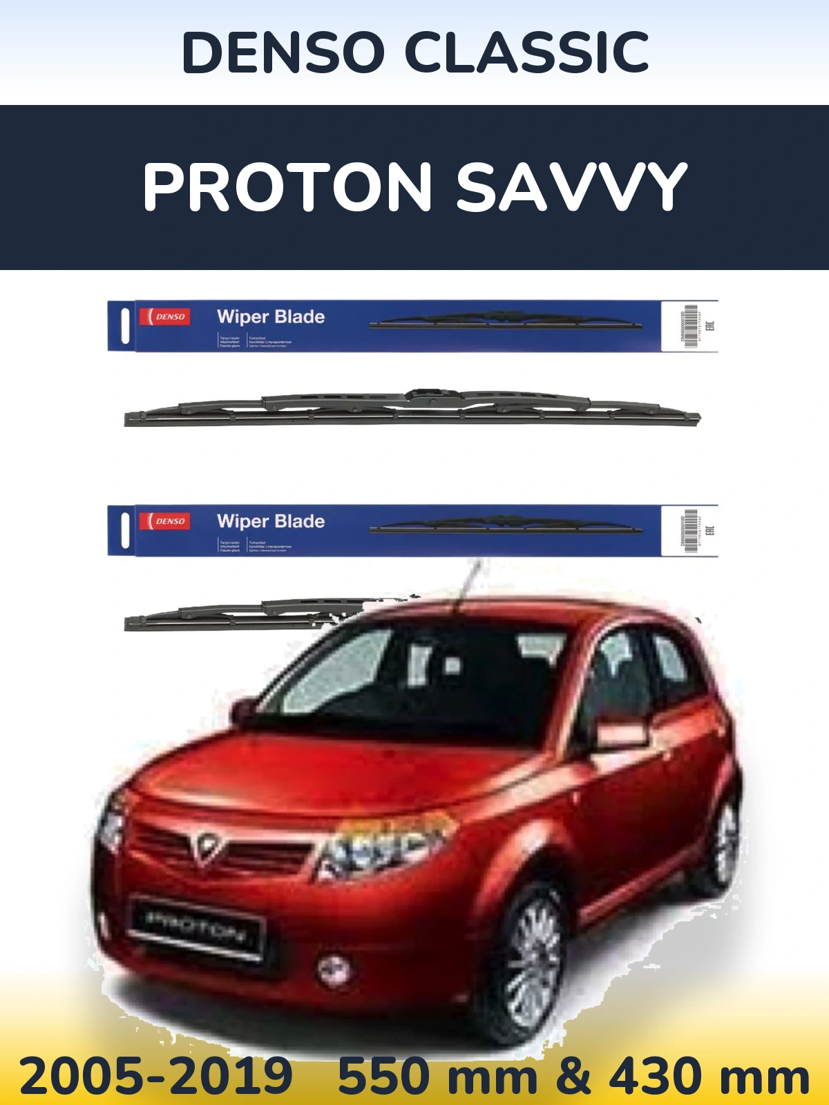 Front wiper blade set Denso Classic 550 & 430 mm for Proton Savvy 2005-2019