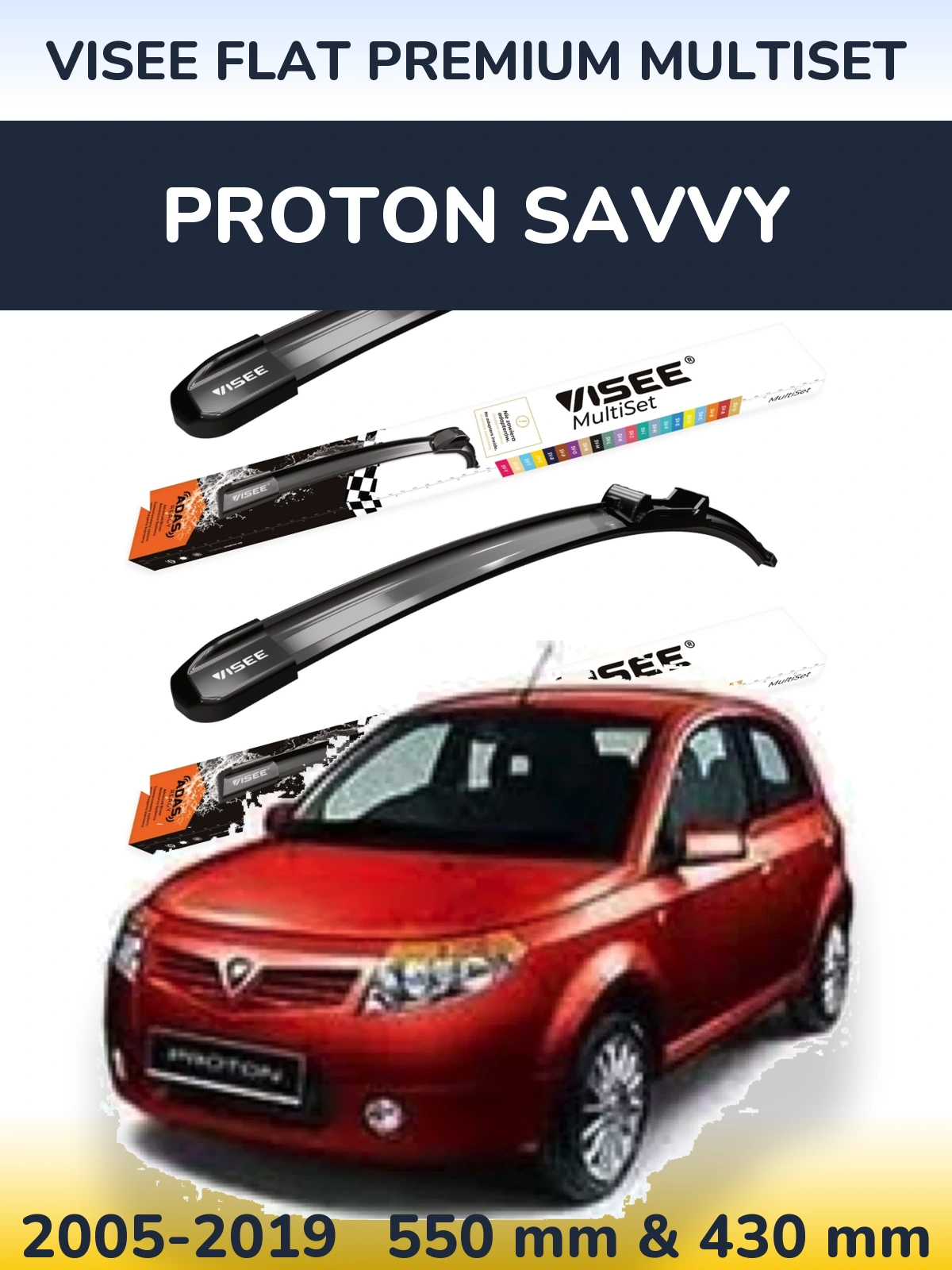 Komplet przednich wycieraczek VISEE FLAT PREMIUM MultiSet 550 & 430 mm do Proton Savvy 2005-2019