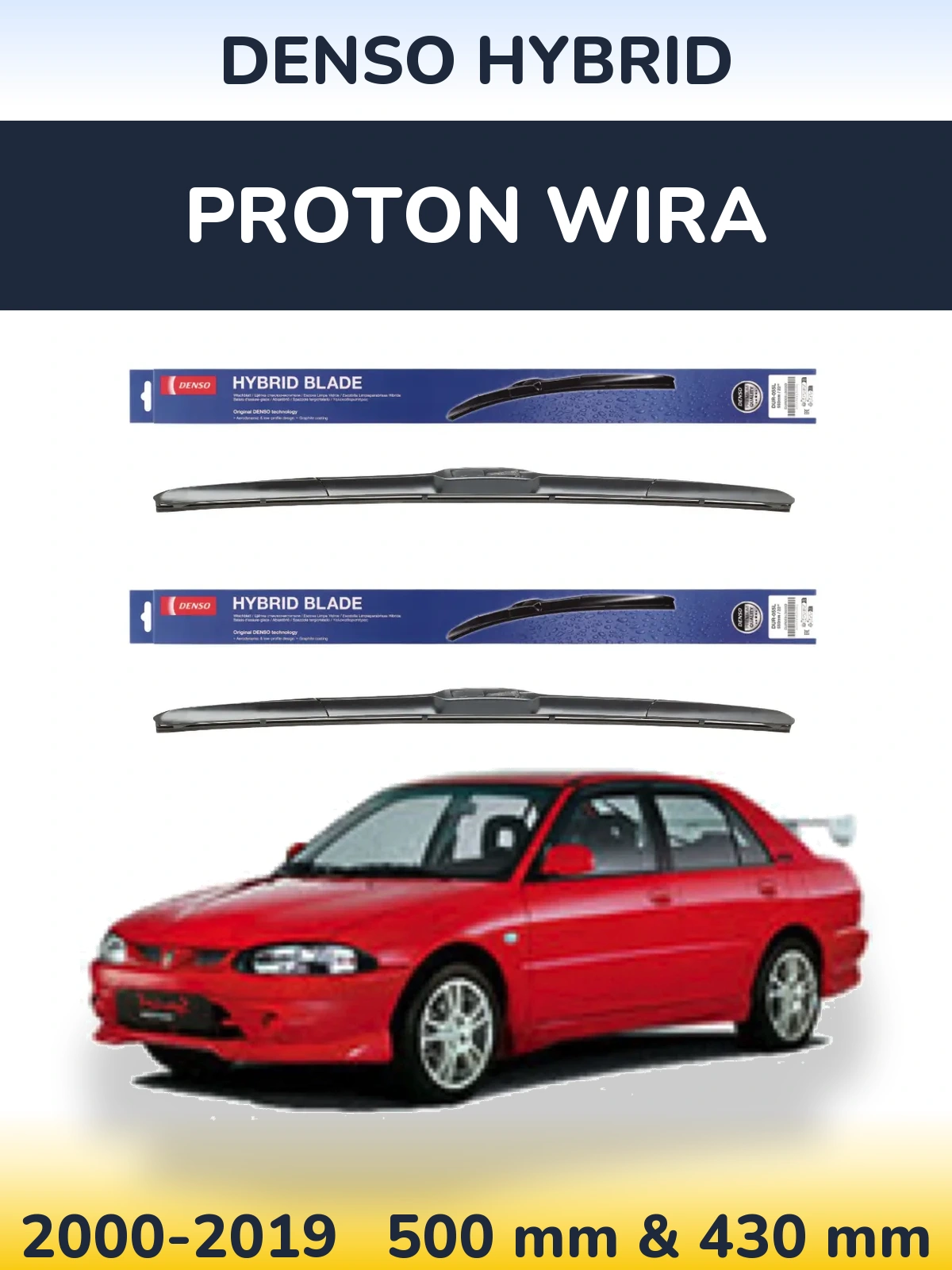 Front wiper blade set Denso Hybrid 500 & 430 mm for Proton Wira 2000-2019