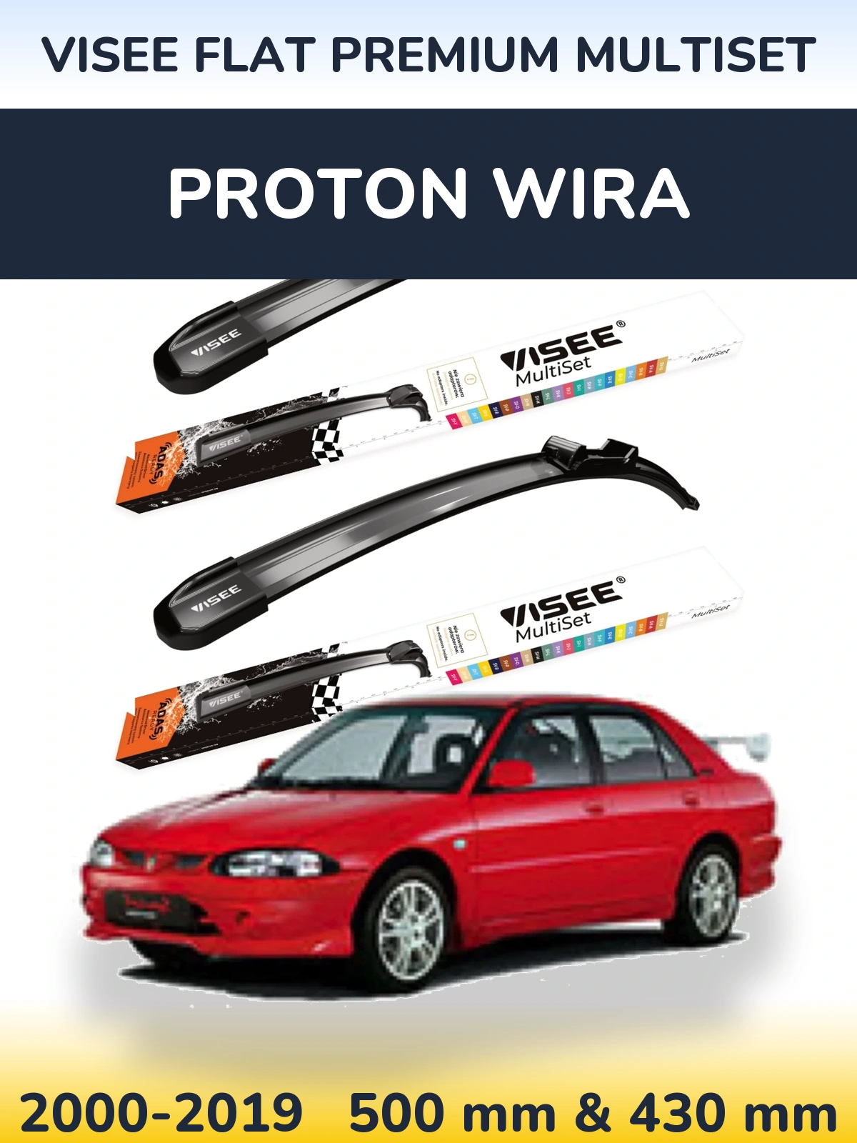 Komplet przednich wycieraczek VISEE FLAT PREMIUM MultiSet 500 & 430 mm do Proton Wira 2000-2019