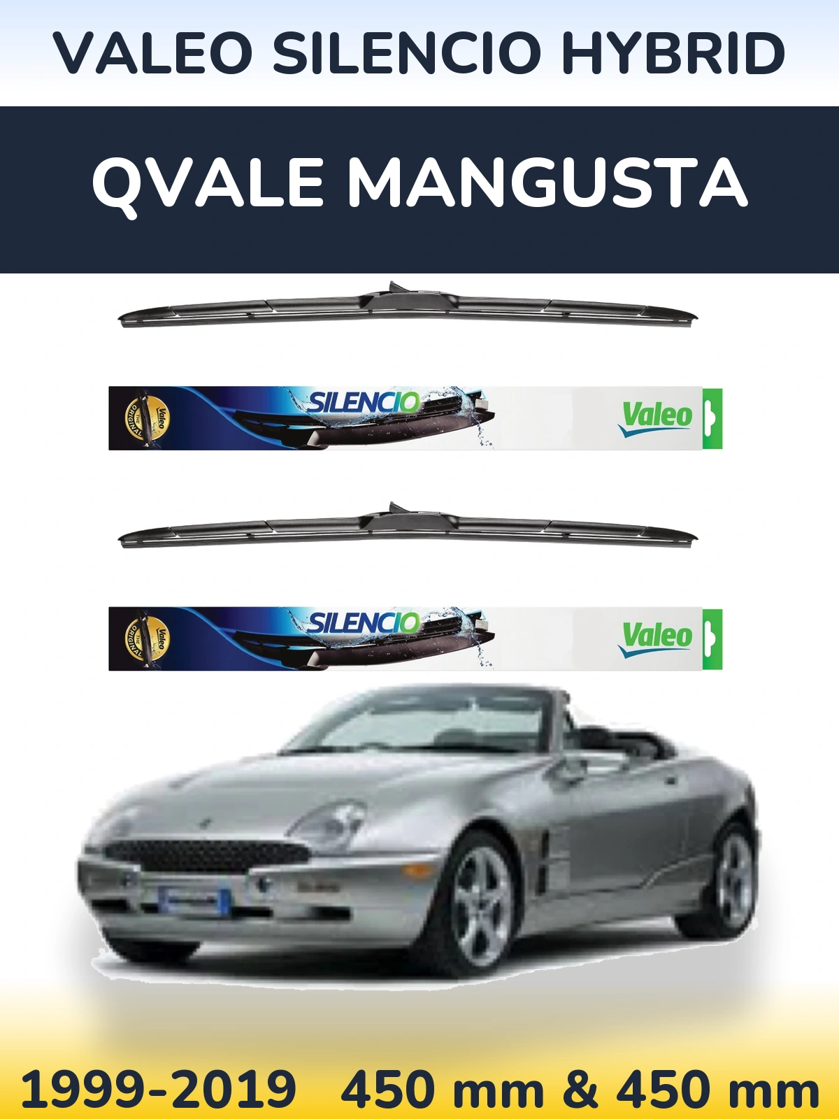 Front wiper blade set Valeo Silencio Hybrid 450 & 450 мм for Qvale Mangusta 1999-2019