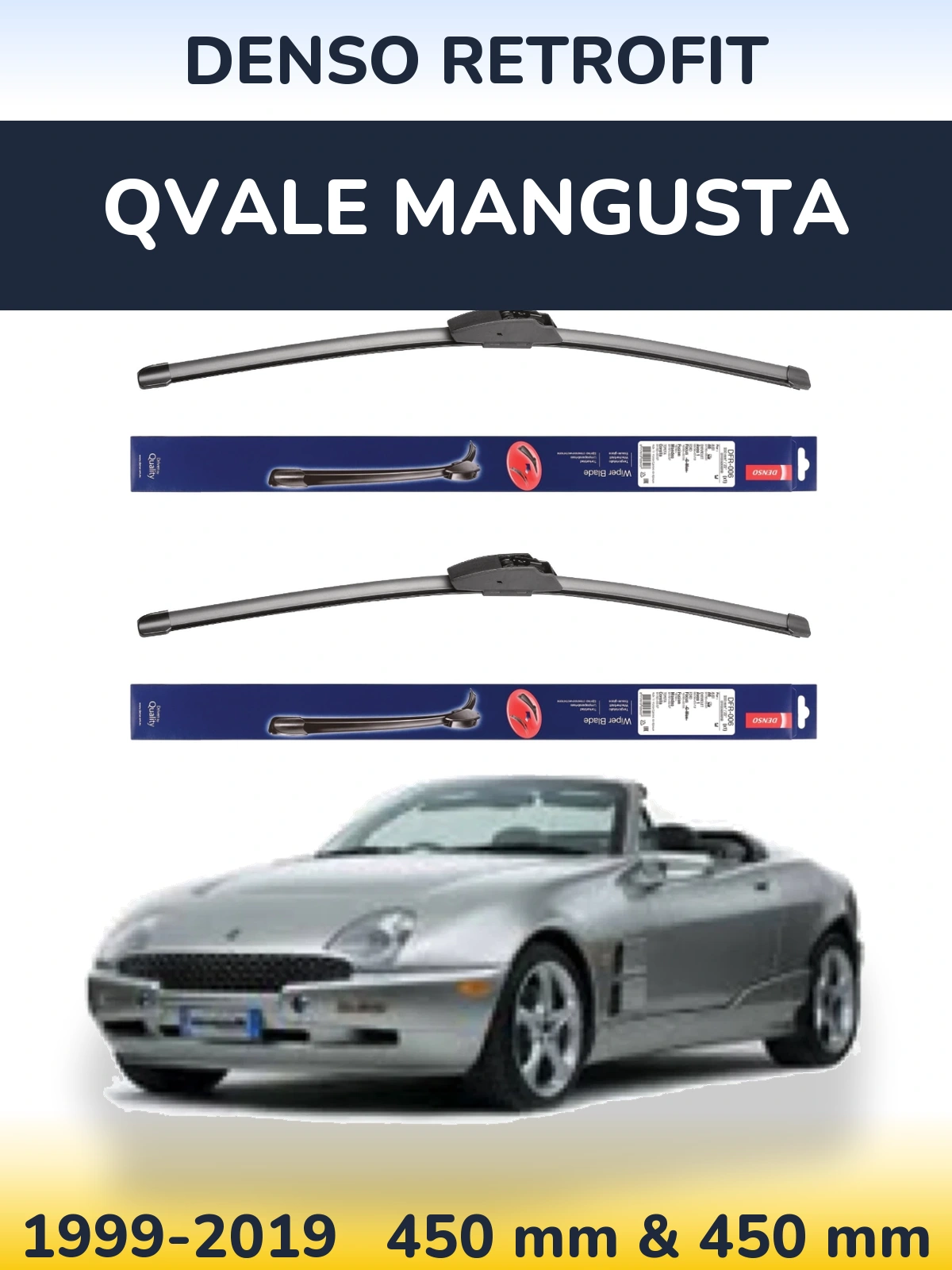 Front wiper blade set Denso Retrofit 450 & 450 mm for Qvale Mangusta 1999-2019