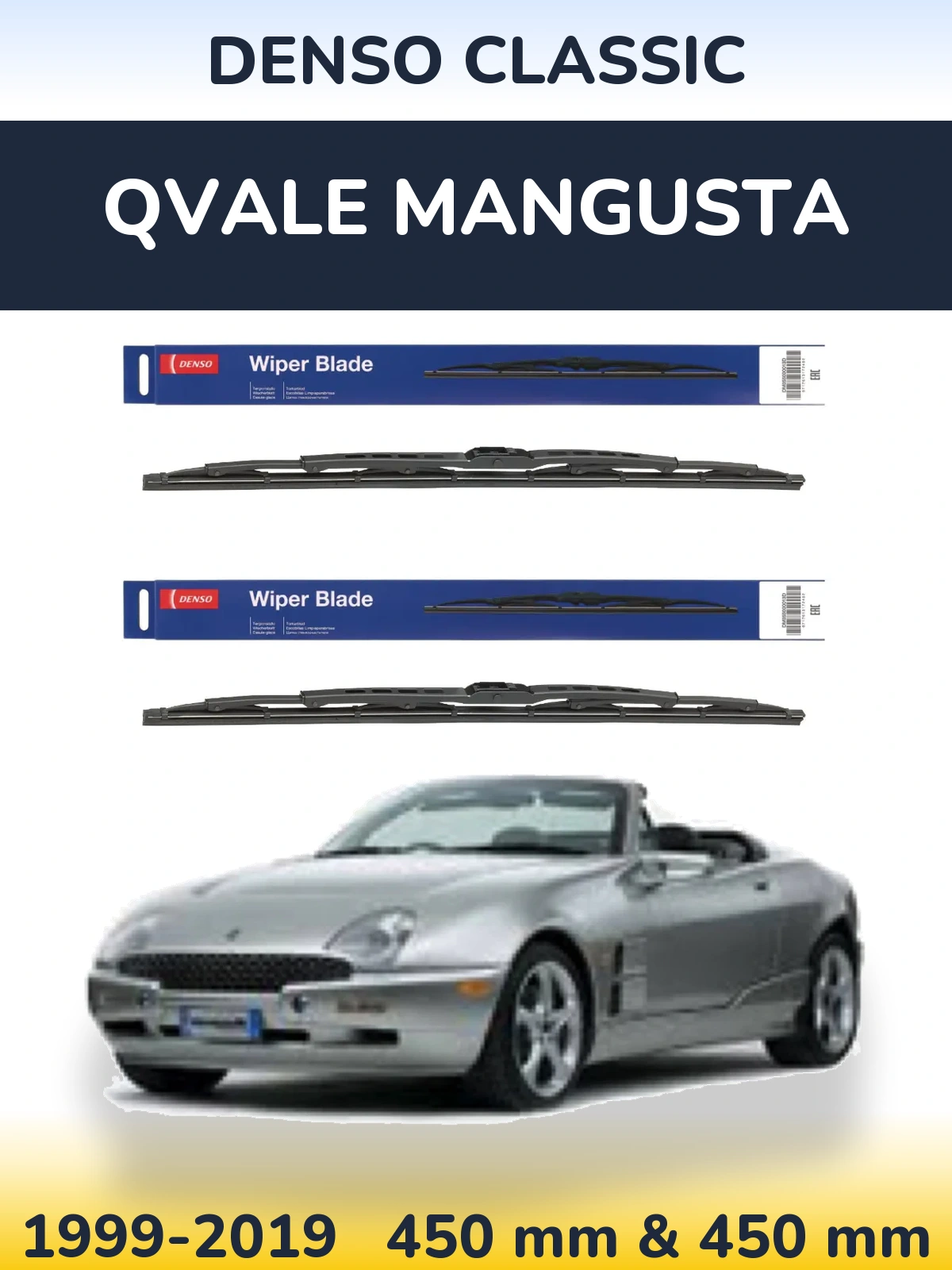 Front wiper blade set Denso Classic 450 & 450 mm for Qvale Mangusta 1999-2019