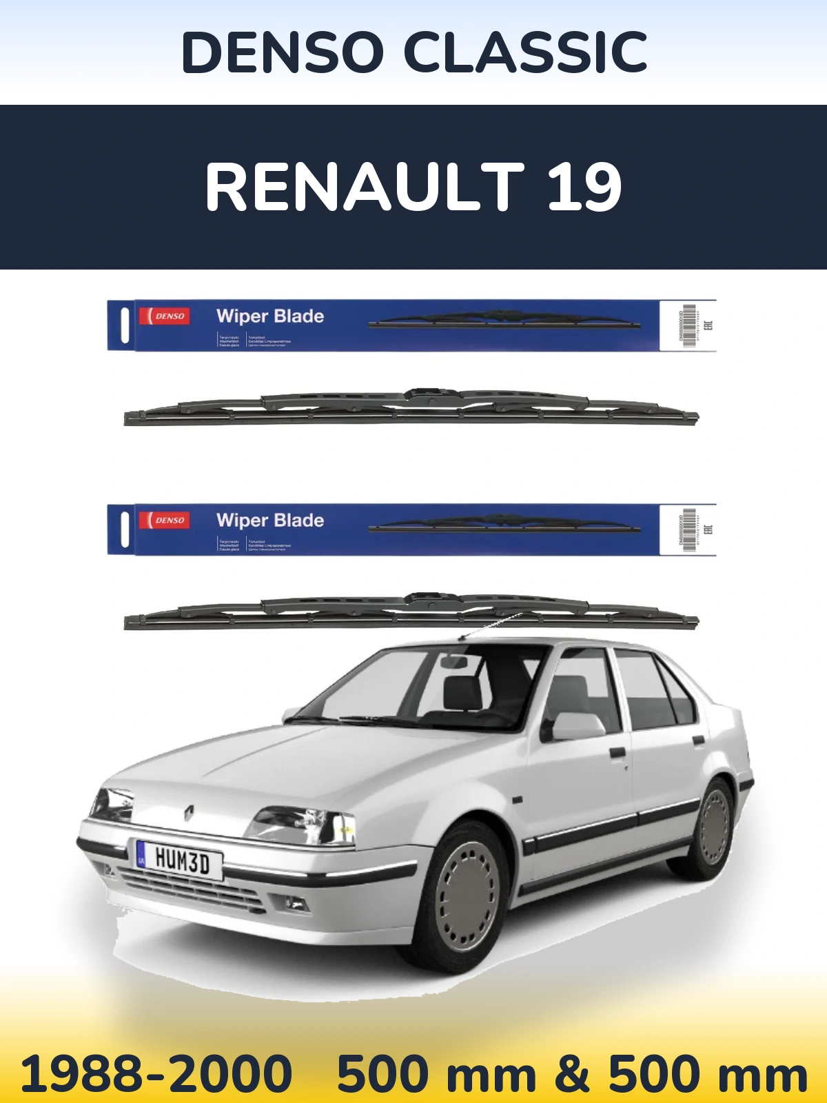 Front wiper blade set Denso Classic 500 & 500 mm for Renault 19 1988-2000