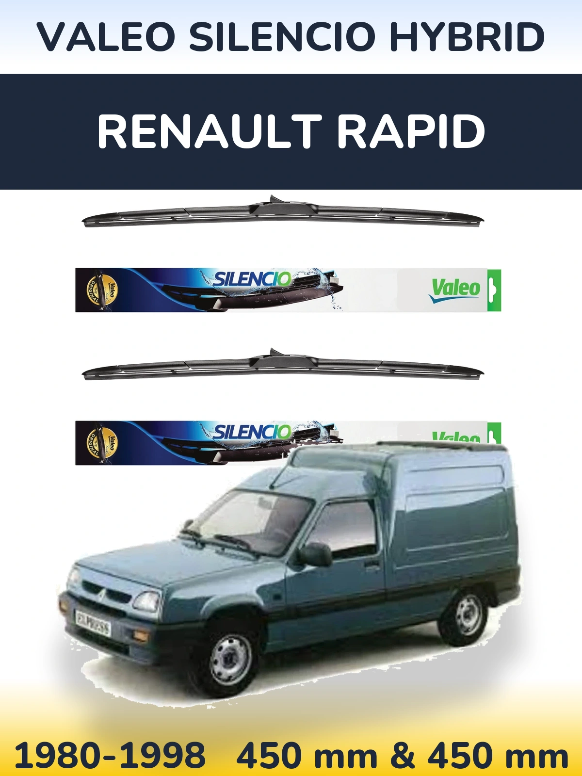 Front wiper blade set Valeo Silencio Hybrid 450 & 450 мм for Renault Rapid 1980-1998