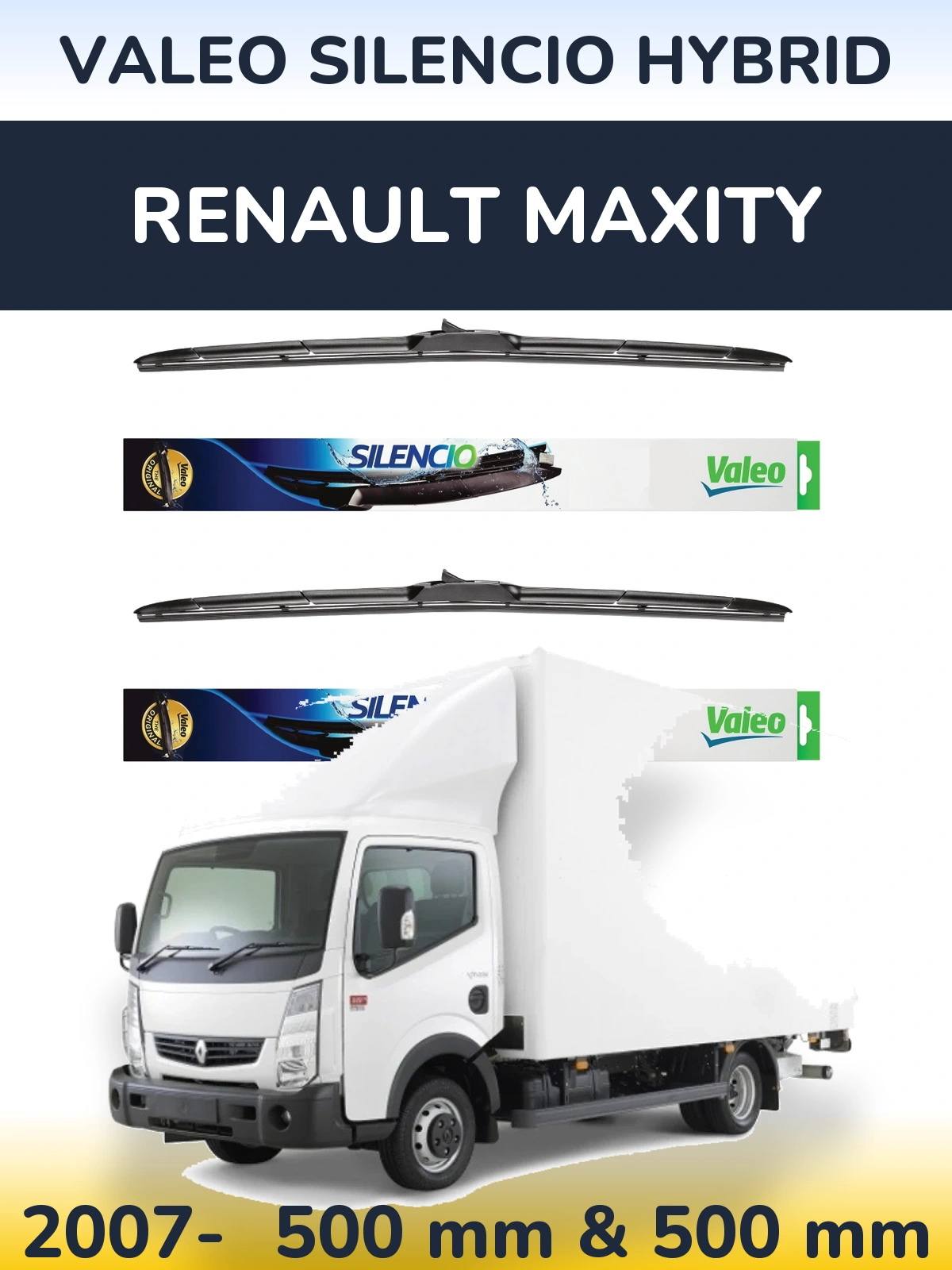 Front wiper blade set Valeo Silencio Hybrid 500 & 500 mm for Renault Maxity 2007-2026