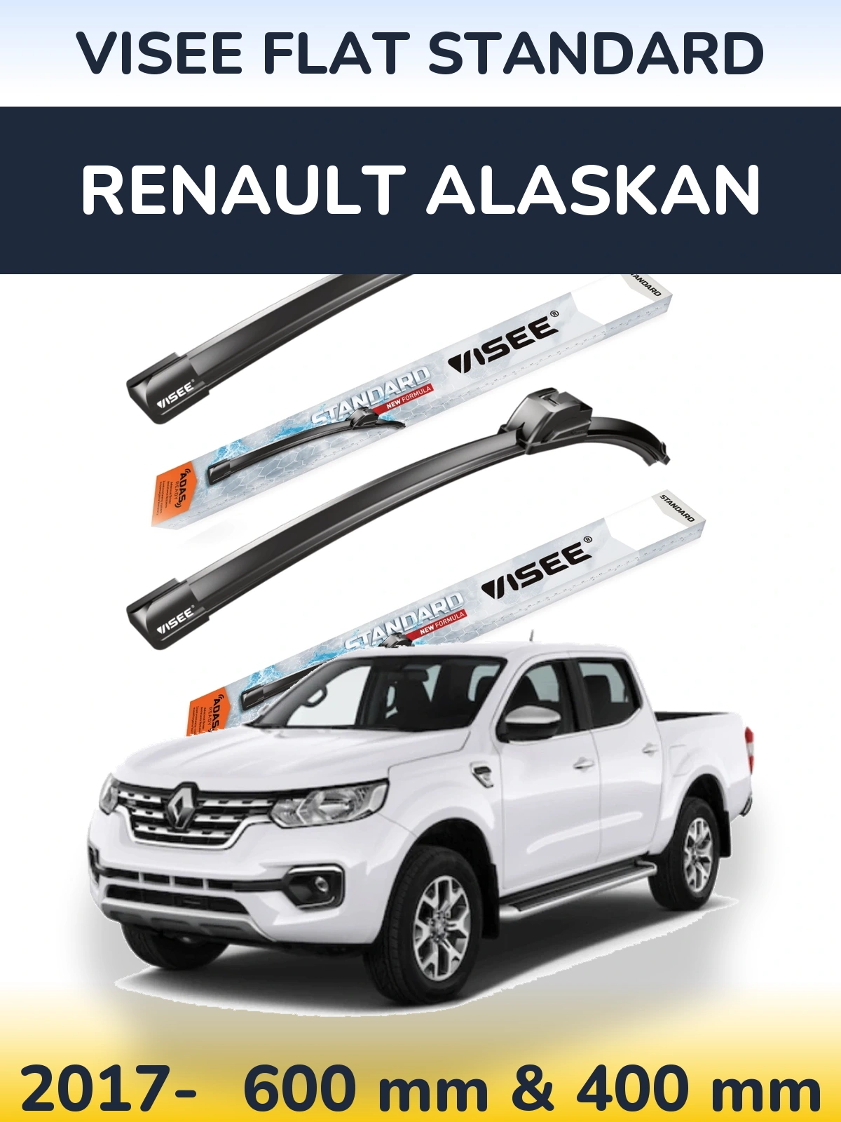 Front wiper blade set VISEE FLAT STANDARD 600 & 400 mm for Renault Alaskan 2017-2026