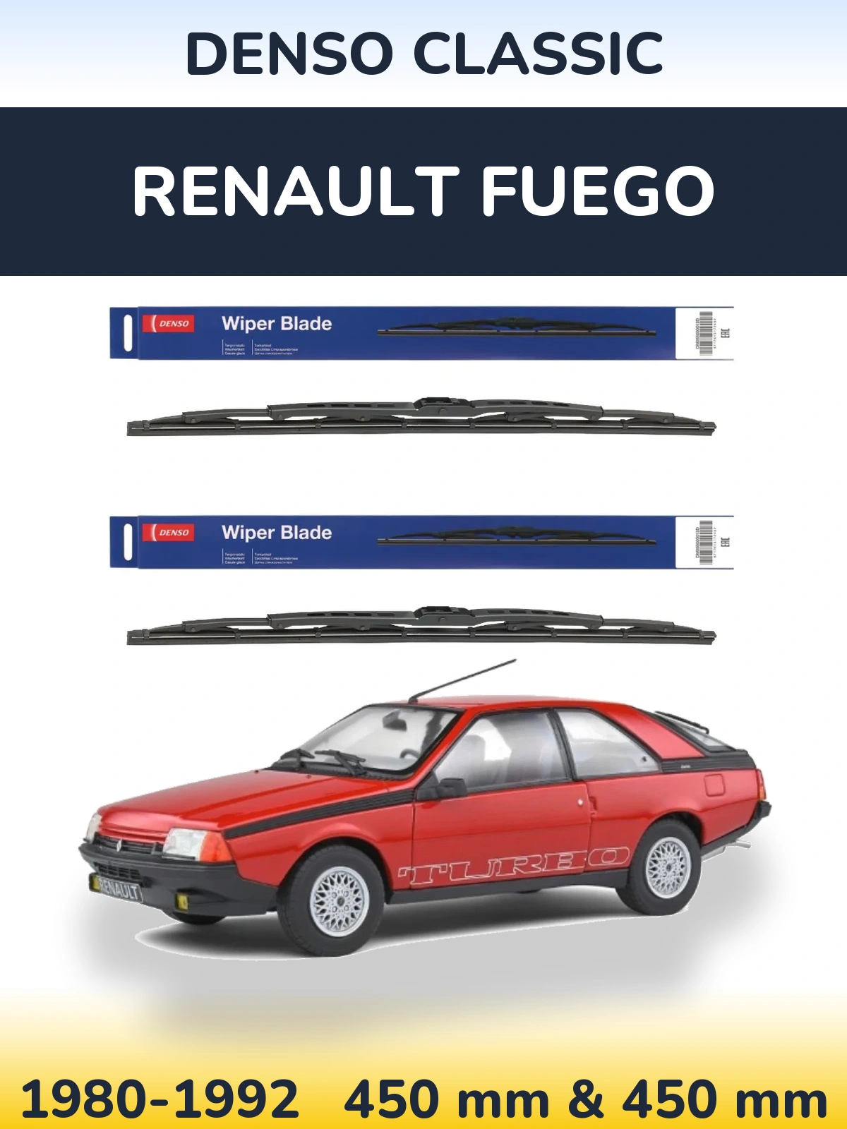 Front wiper blade set Denso Classic 450 & 450 mm for Renault Fuego 1980-1992