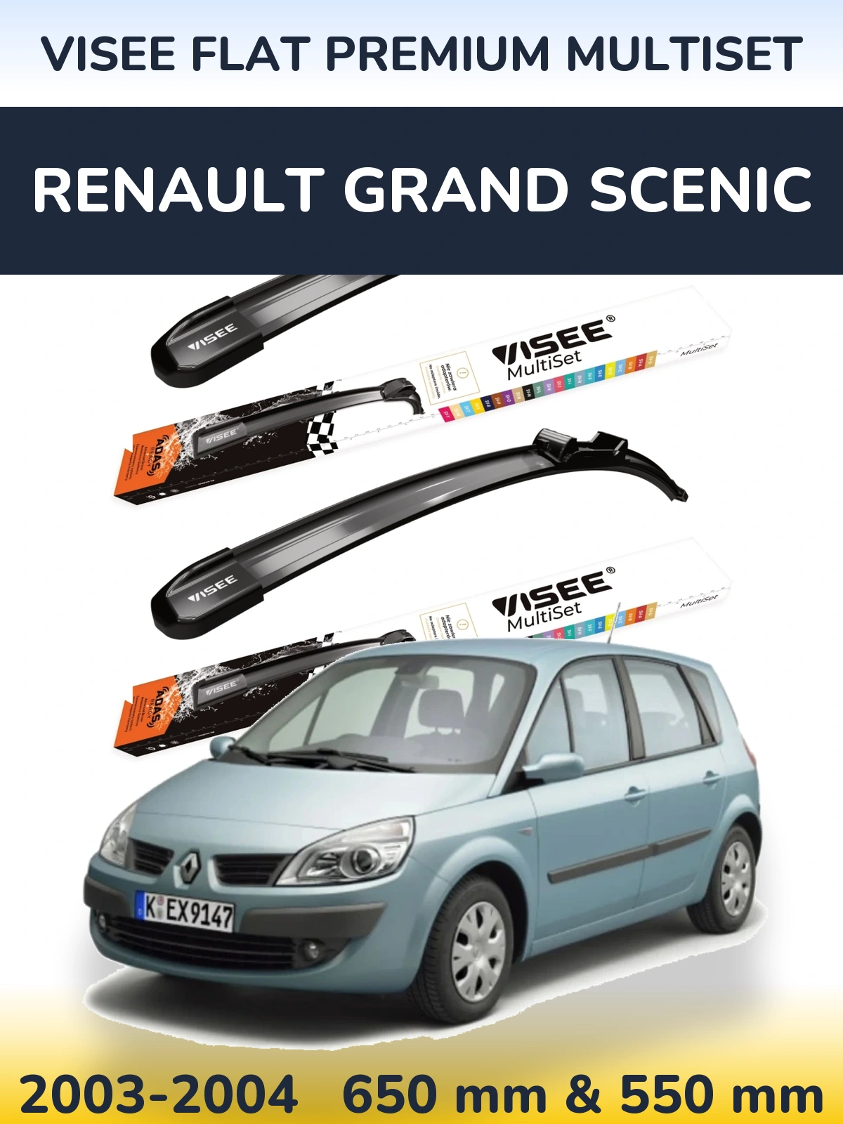 Front wiper blade set VISEE FLAT PREMIUM MultiSet 650 & 550 мм for Renault Grand Scenic 2003-2004