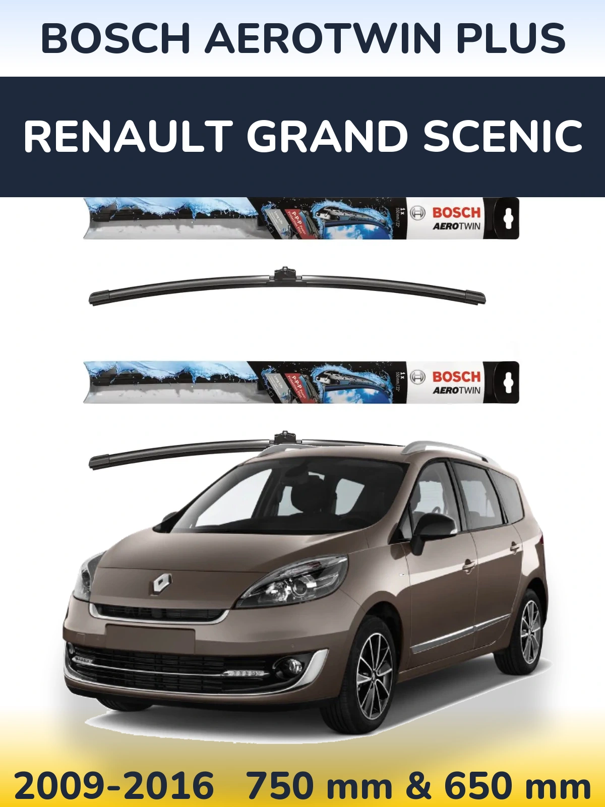 Комплект передних дворников BOSCH AeroTwin Plus 750 & 650 мм для Renault Grand Scenic 2009-2016