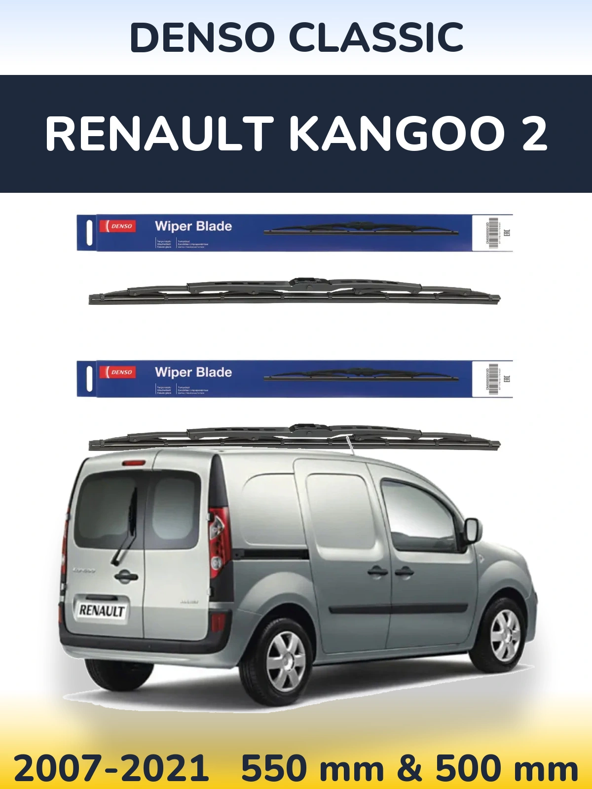 Front wiper blade set Denso Classic 550 & 500 mm for Renault Kangoo 2 2007-2021