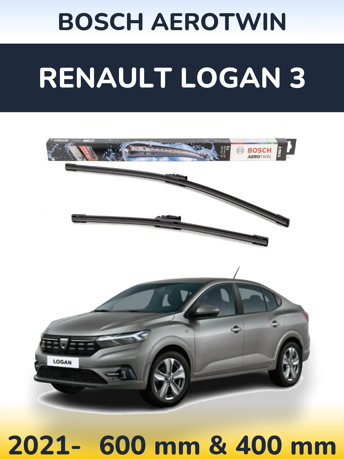 Front wiper blade set BOSCH AeroTwin 600 & 400 мм for Renault Logan 3 2021-2026