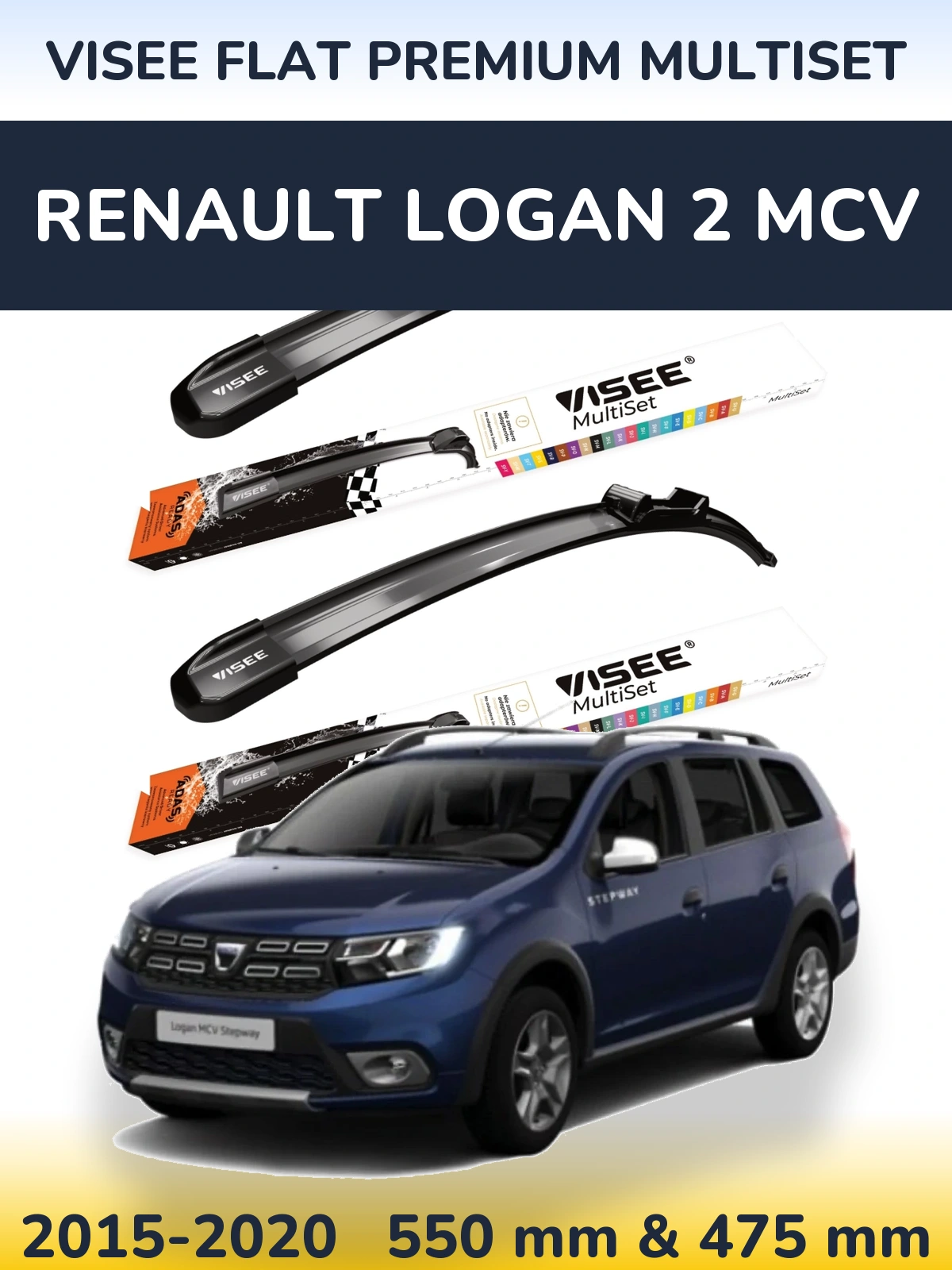 Komplet przednich wycieraczek VISEE FLAT PREMIUM MultiSet 550 & 475 mm do Renault Logan 2 MCV 2015-2020