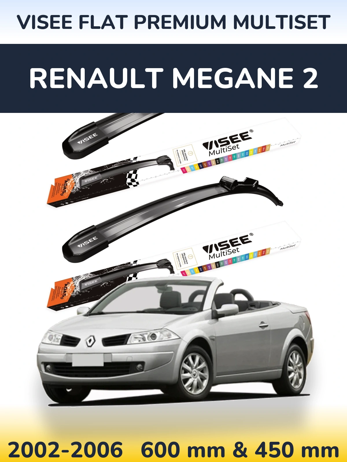 Front wiper blade set VISEE FLAT PREMIUM MultiSet 600 & 450 мм for Renault Megane 2 2002-2006