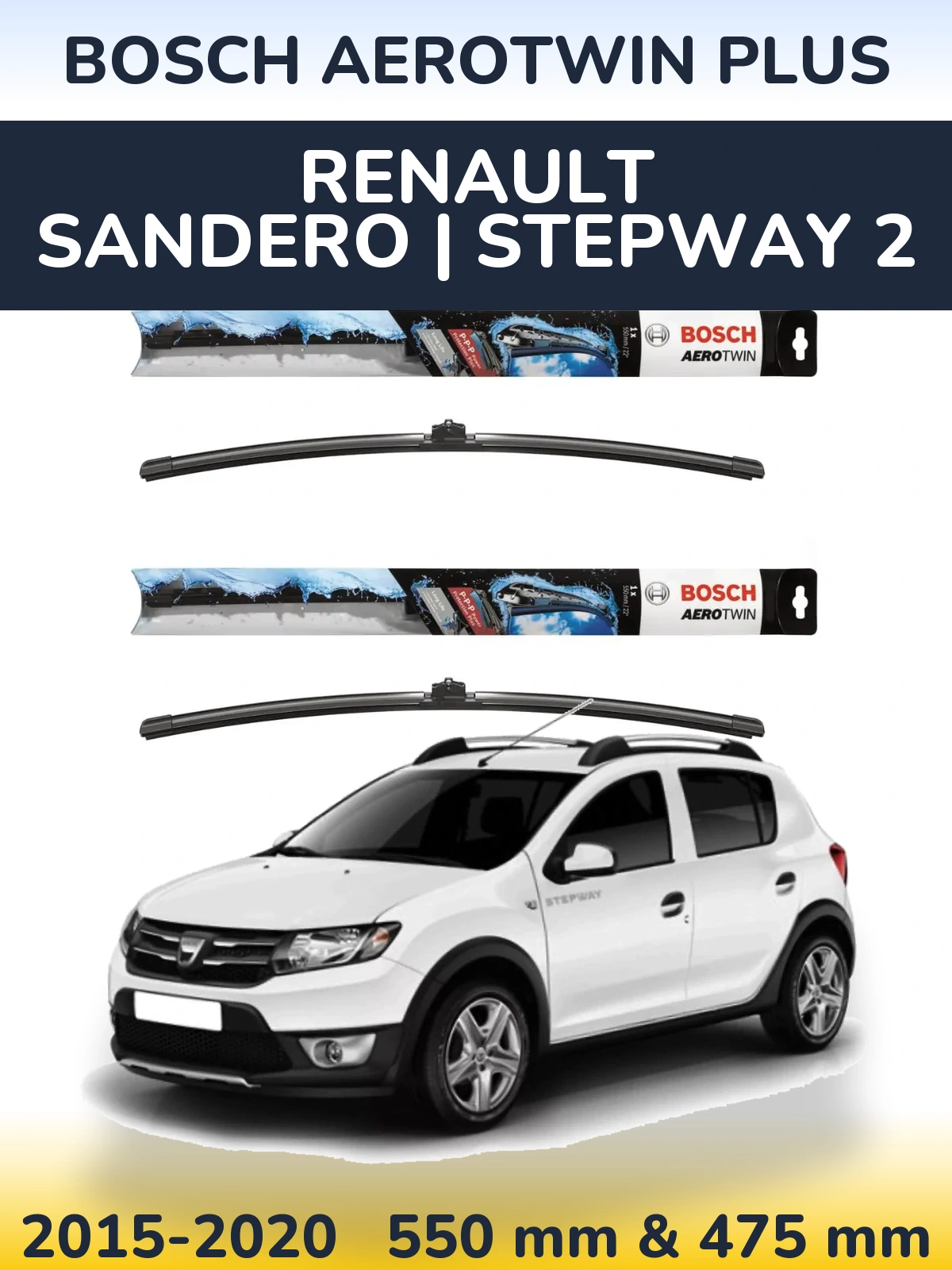 Комплект передних дворников BOSCH AeroTwin Plus 550 & 475 мм для Renault Sandero | Stepway 2 2015-2020