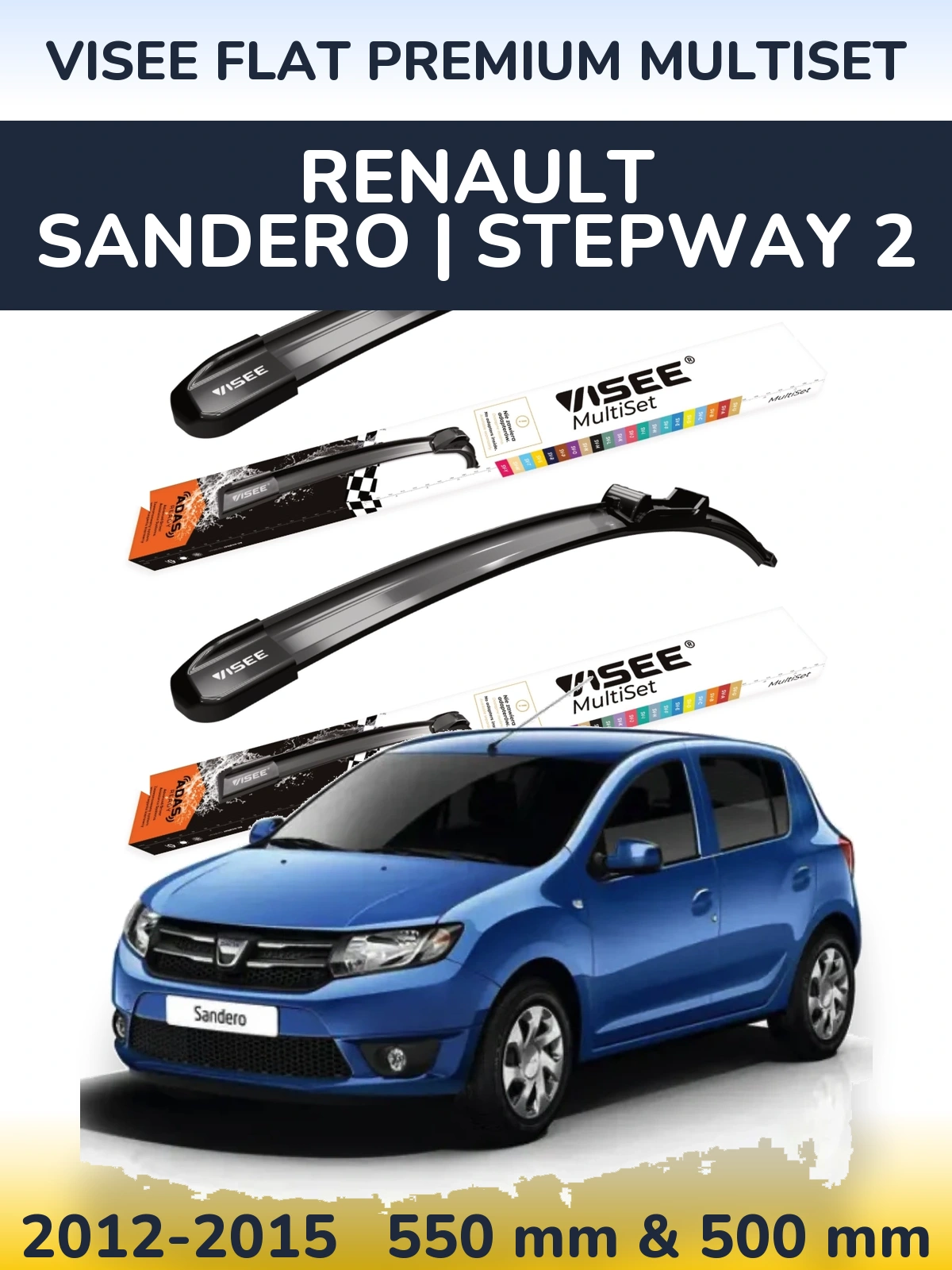 Front wiper blade set VISEE FLAT PREMIUM MultiSet 550 & 500 мм for Renault Sandero | Stepway 2 2012-2015