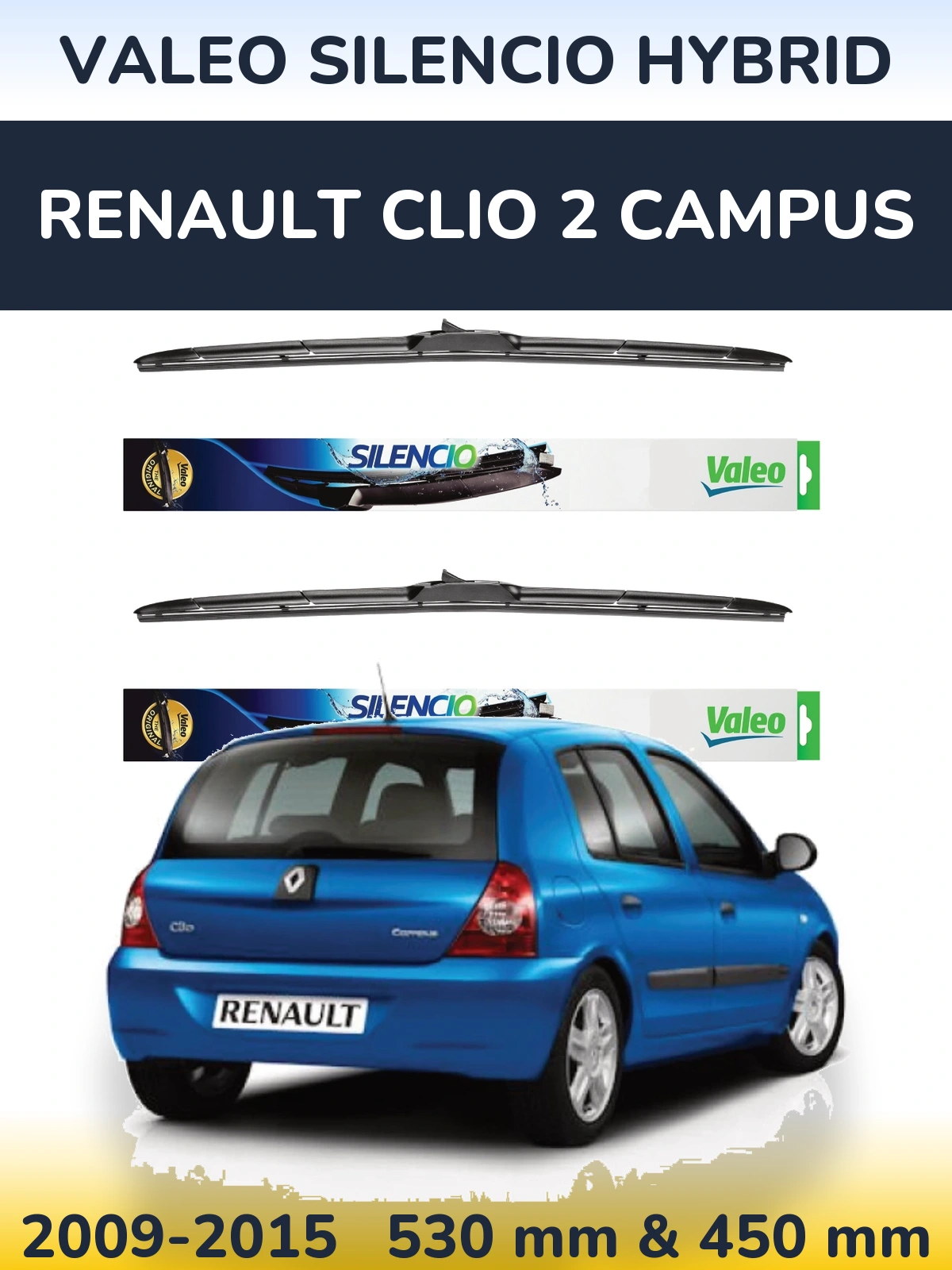 Front wiper blade set Valeo Silencio Hybrid 530 & 450 мм for Renault Clio 2 Campus 2009-2015