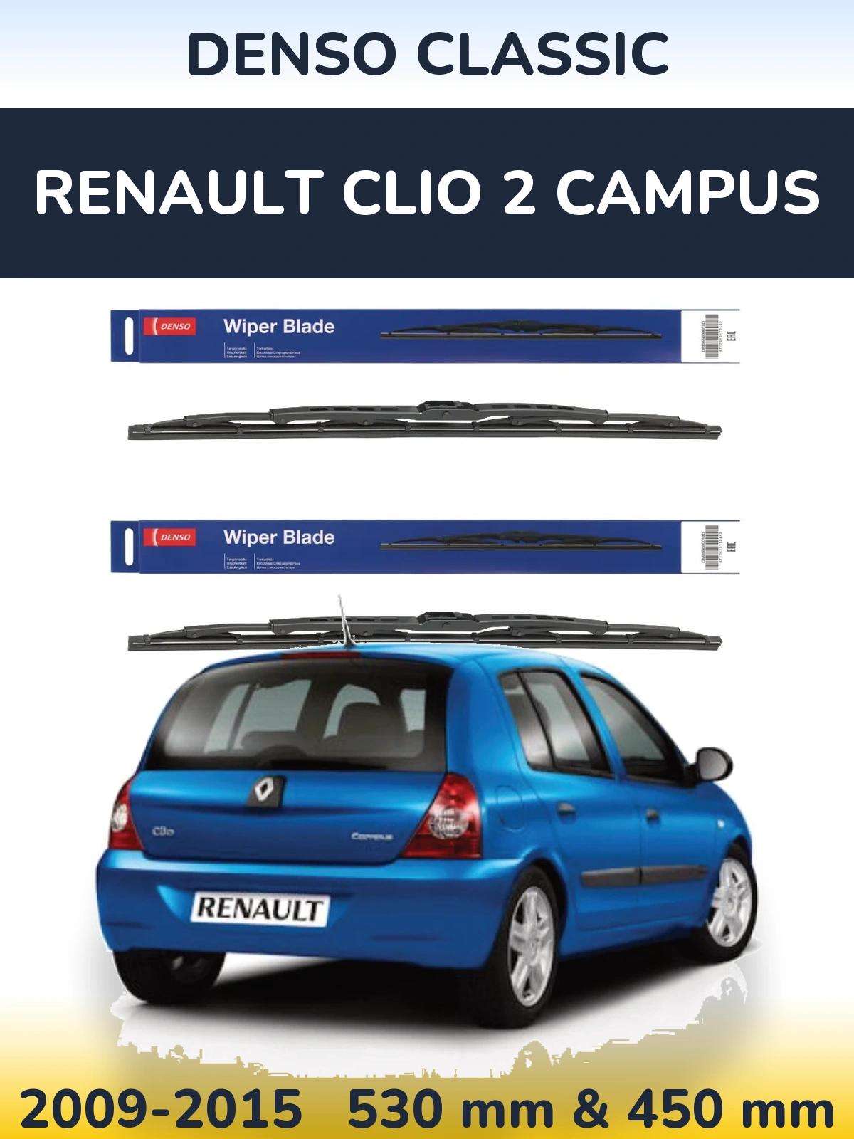 Front wiper blade set Denso Classic 530 & 450 mm for Renault Clio 2 Campus 2009-2015