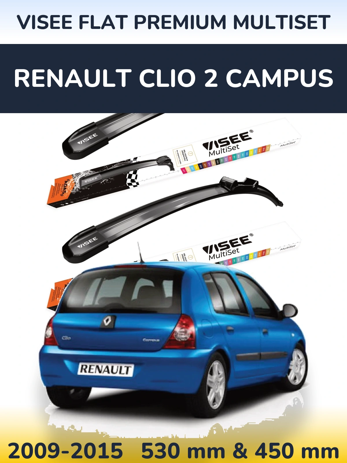 Комплект передних дворников VISEE FLAT PREMIUM MultiSet 530 & 450 мм для Renault Clio 2 Campus 2009-2015