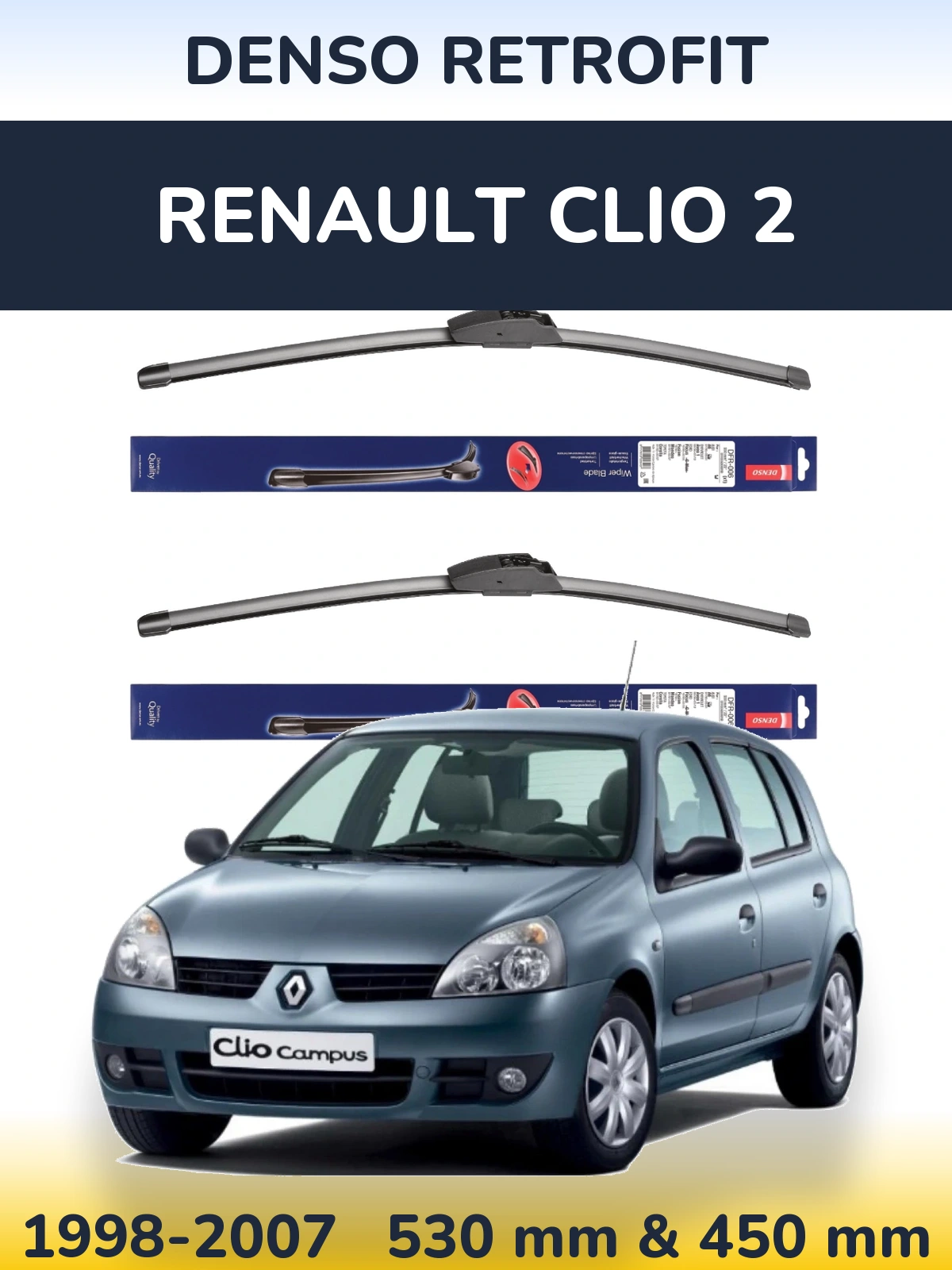 Front wiper blade set Denso Retrofit 530 & 450 мм for Renault Clio 2 1998-2007