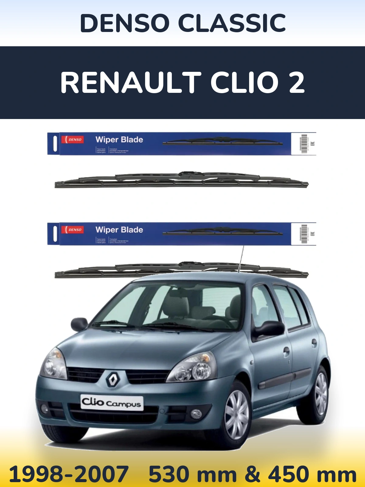 Front wiper blade set Denso Classic 530 & 450 mm for Renault Clio 2 1998-2007