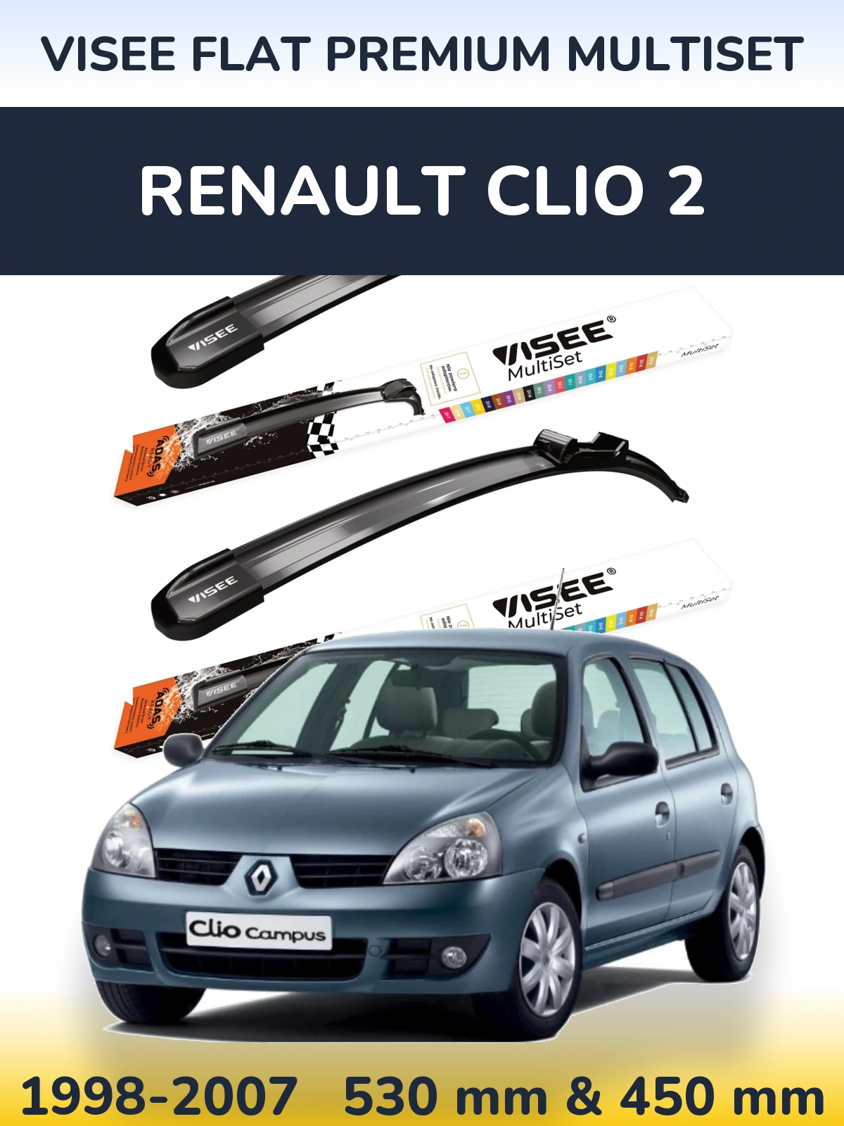 Комплект передних дворников VISEE FLAT PREMIUM MultiSet 530 & 450 мм для Renault Clio 2 1998-2007