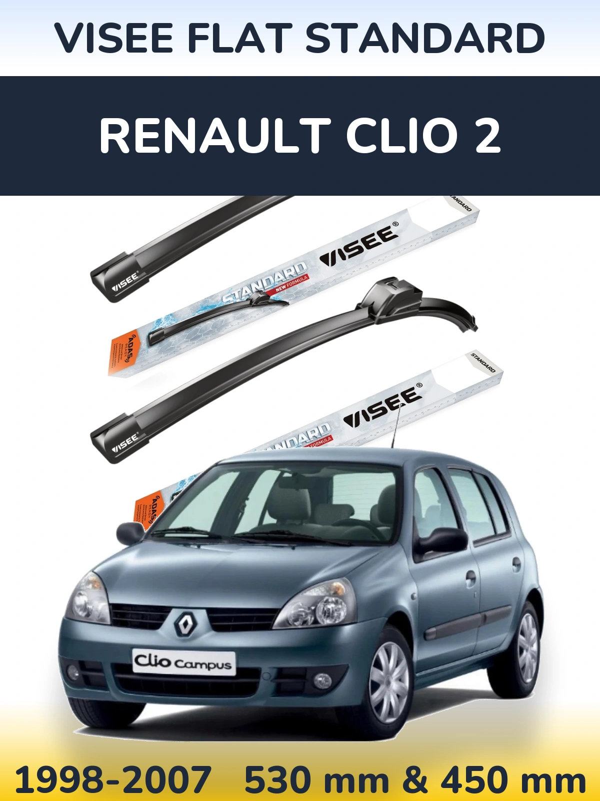 Front wiper blade set VISEE FLAT STANDARD 530 & 450 мм for Renault Clio 2 1998-2007