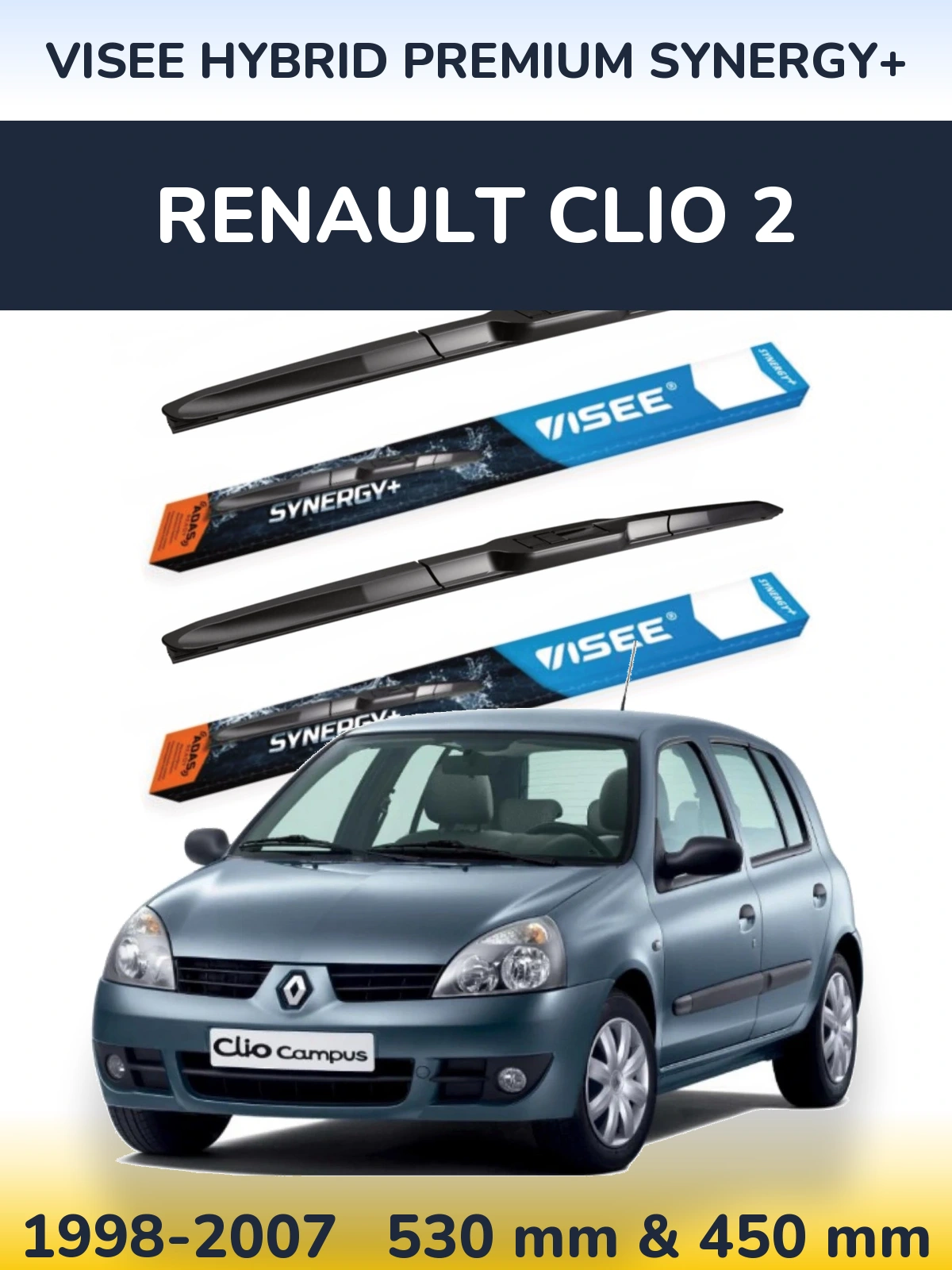 Front wiper blade set VISEE HYBRID PREMIUM SYNERGY+ 530 & 450 мм for Renault Clio 2 1998-2007
