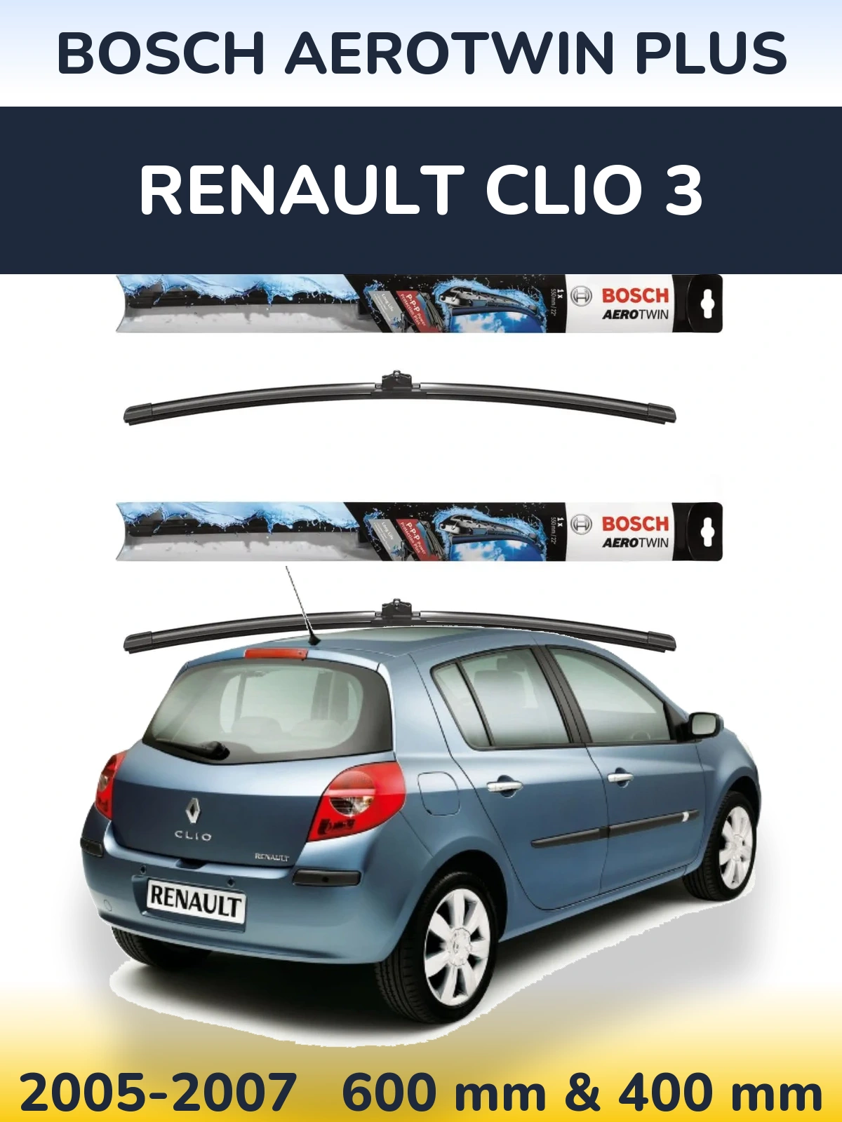 Front wiper blade set BOSCH AeroTwin Plus 600 & 400 мм for Renault Clio 3 2005-2007
