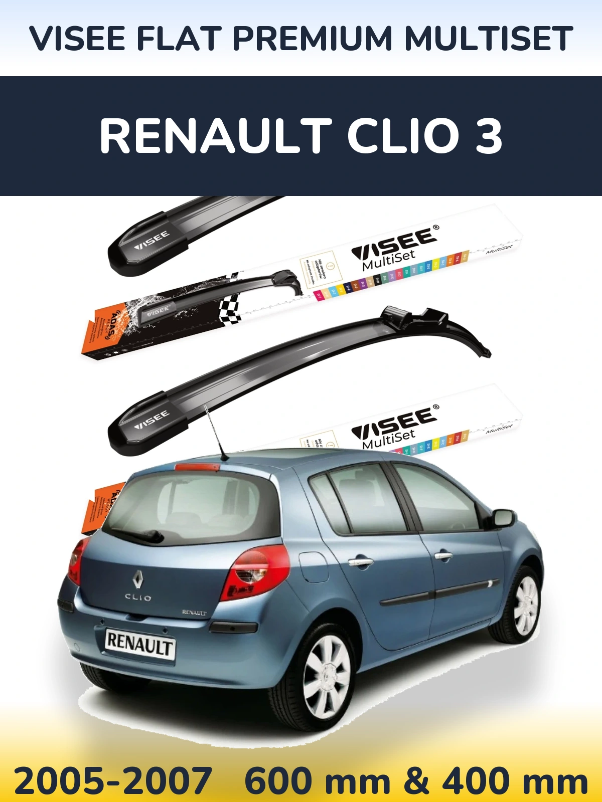 Front wiper blade set VISEE FLAT PREMIUM MultiSet 600 & 400 мм for Renault Clio 3 2005-2007